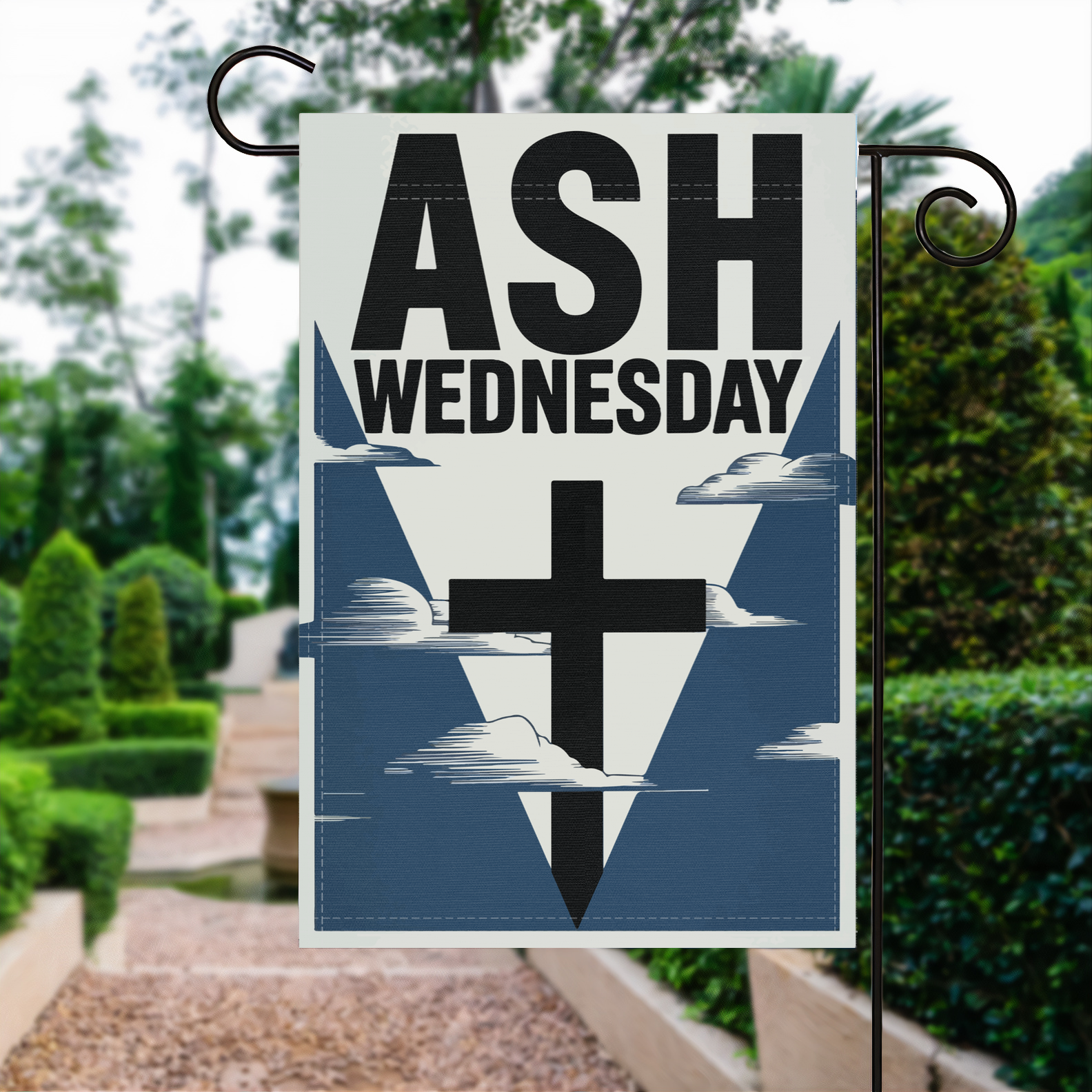 Ash Wednesday garden flag made of weatherproof polyester displayed in a garden | Bannerfi