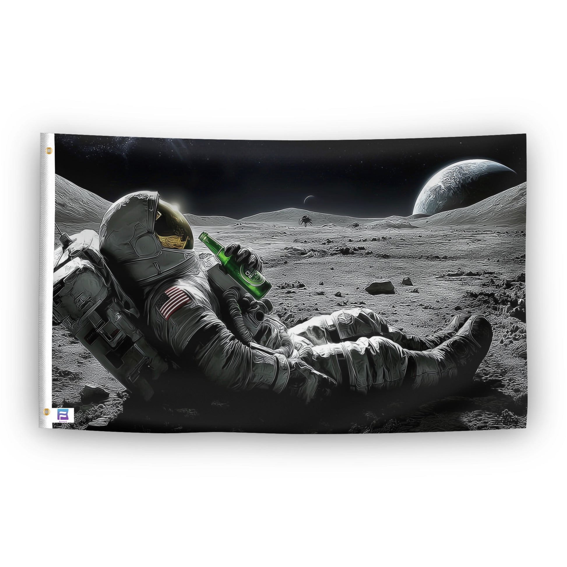Astronaut Having A Cold Beer flag – weatherproof polyester with brass grommets and canvas header | Bannerfi