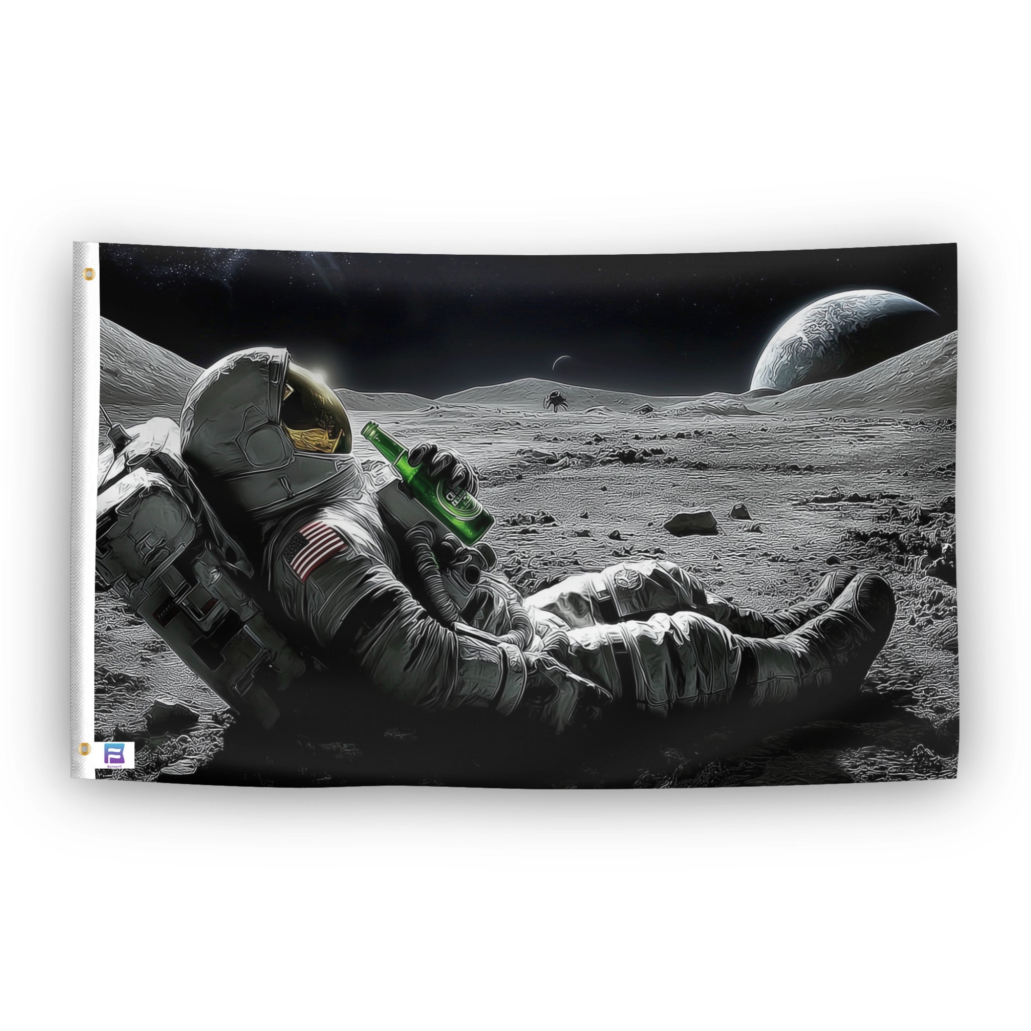 Astronaut Having A Cold Beer flag – weatherproof polyester with brass grommets and canvas header | Bannerfi