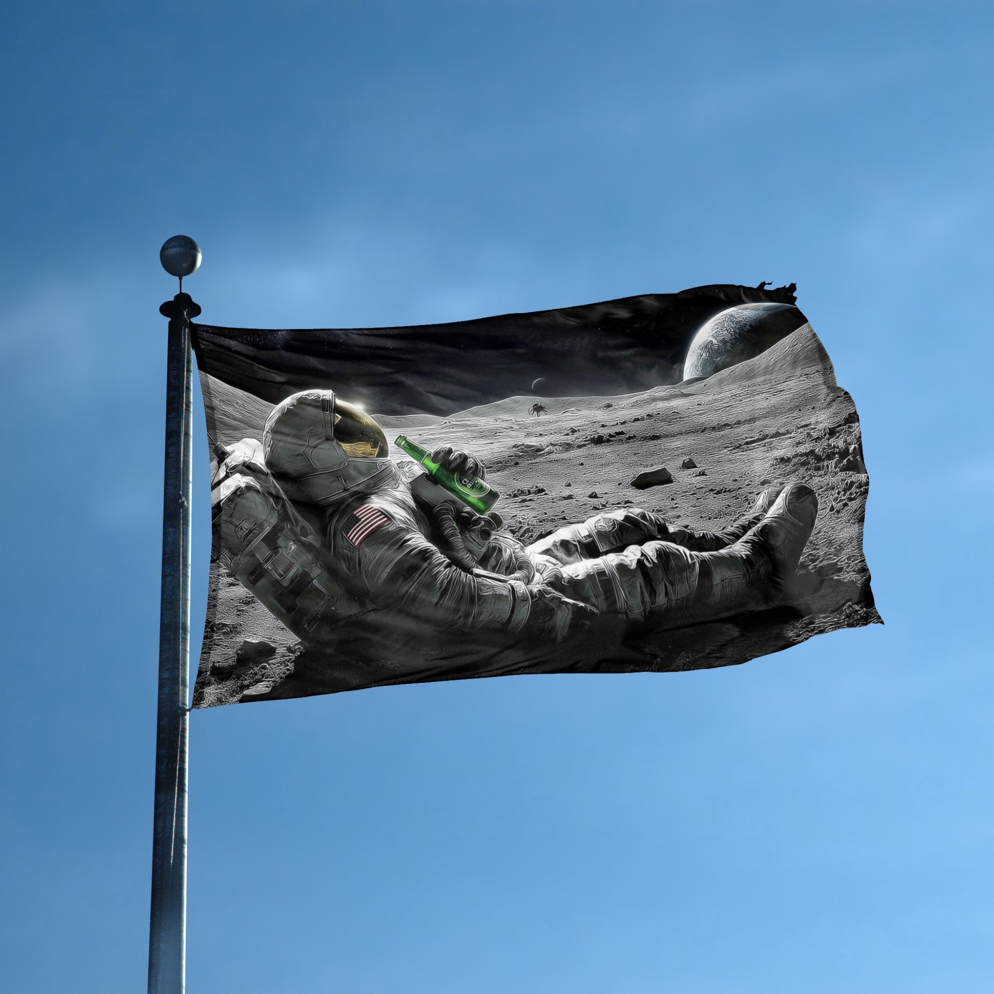 Astronaut Having A Cold Beer flag displayed outdoors – weatherproof house banner on pole | Bannerfi