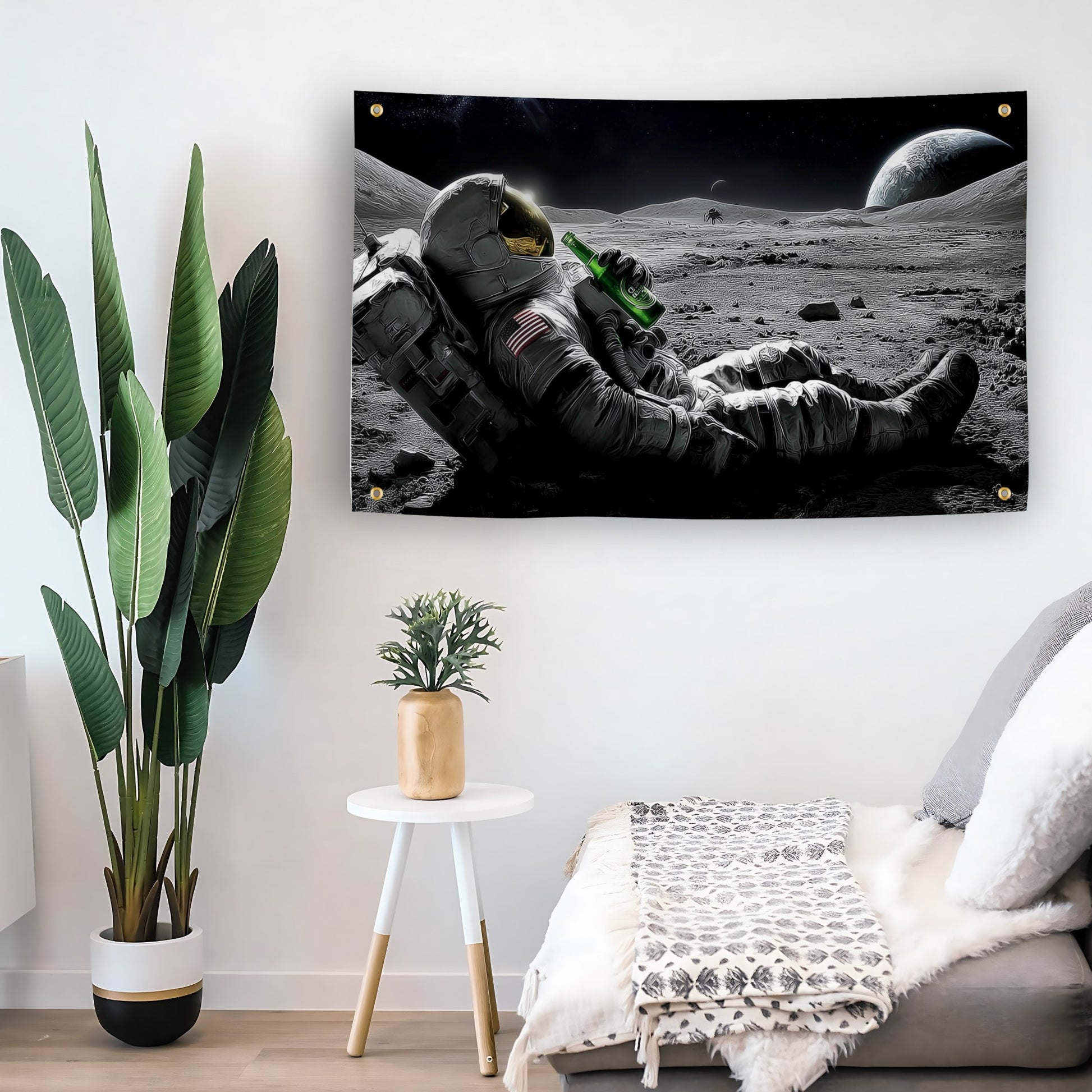 Astronaut Having A Cold Beer flag as indoor wall art – versatile home décor | Bannerfi