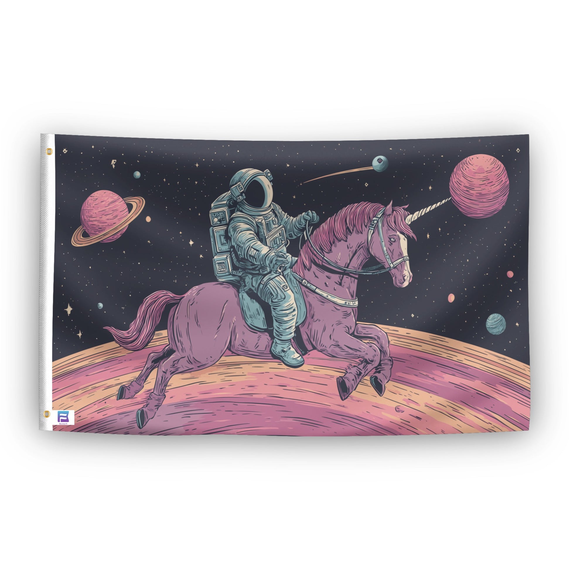Astronaut Unicorn Odyssey flag – weatherproof polyester with brass grommets and canvas header | Bannerfi