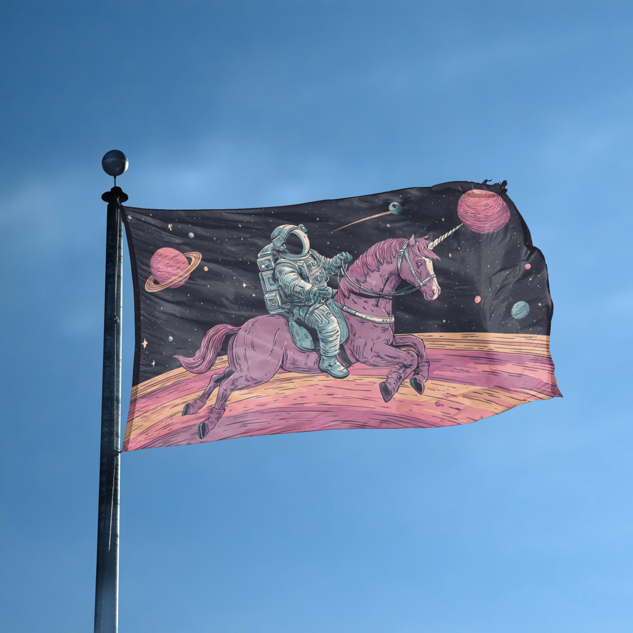 Astronaut Unicorn Odyssey flag displayed outdoors – weatherproof house banner on pole | Bannerfi