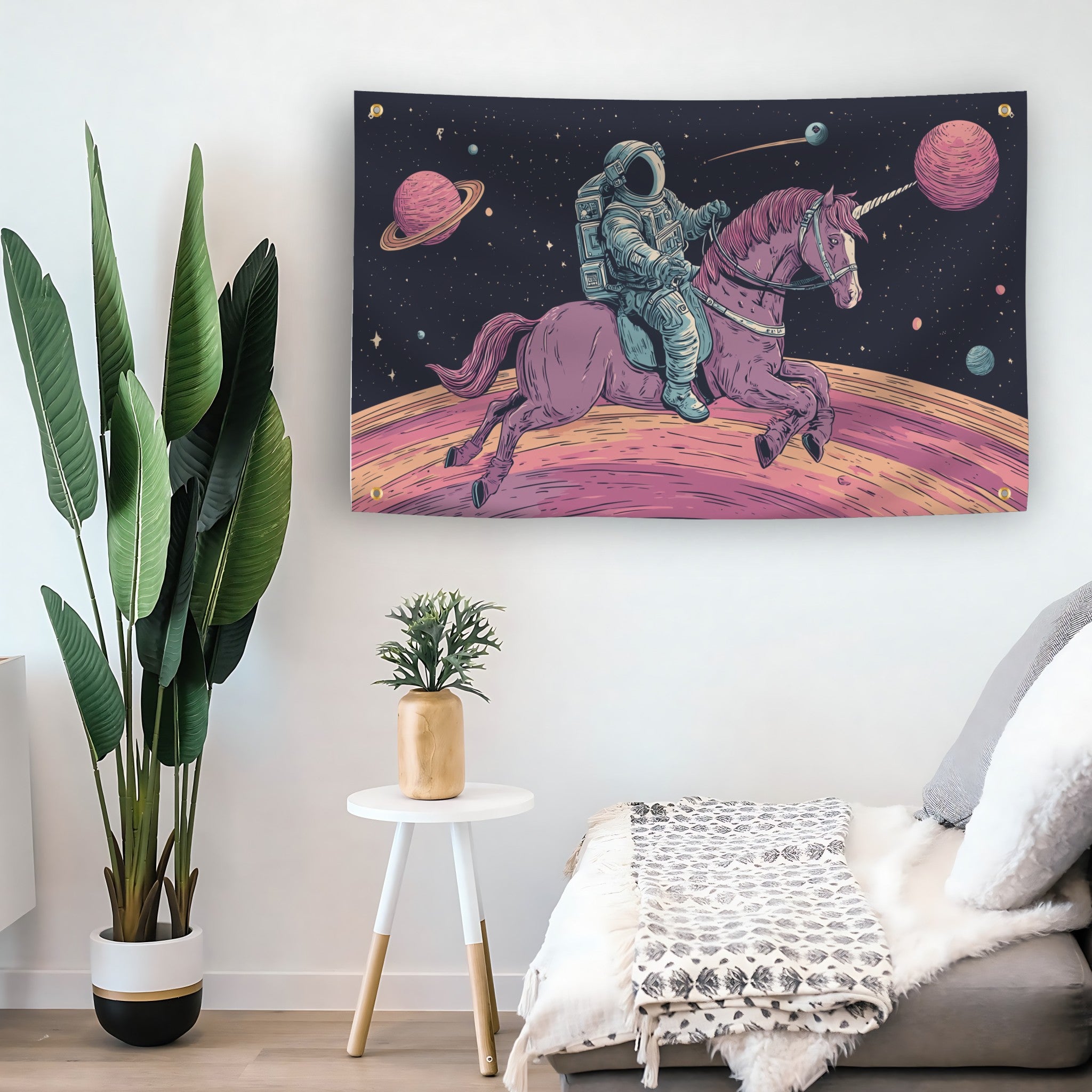 Astronaut Unicorn Odyssey flag as indoor wall art – versatile home décor | Bannerfi