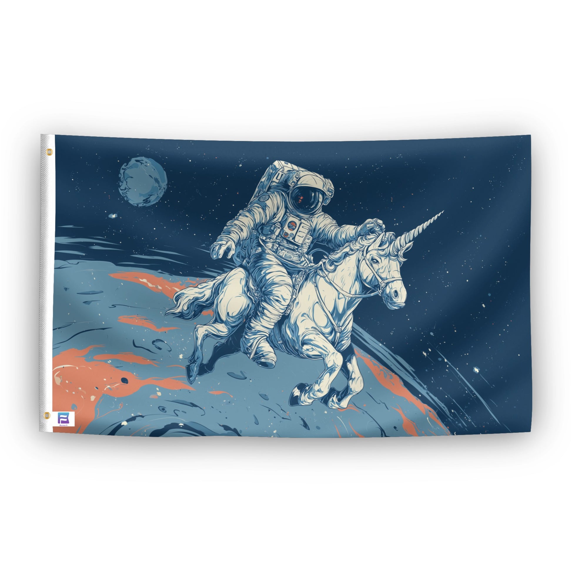 Astronaut Unicorn Ride flag – weatherproof polyester with brass grommets and canvas header | Bannerfi