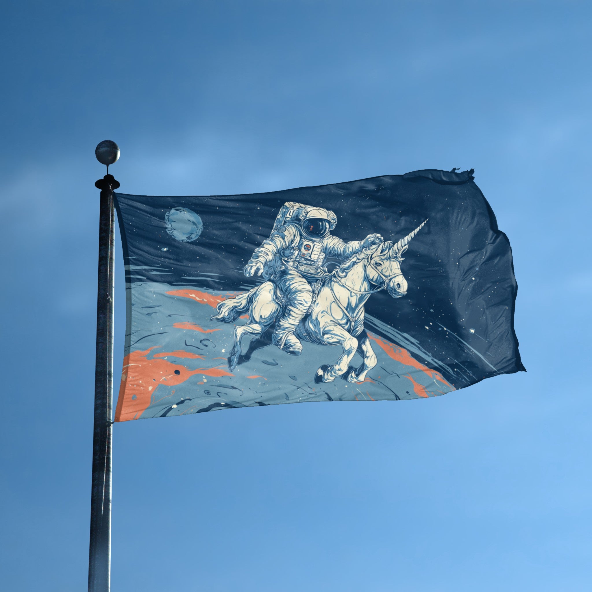 Astronaut Unicorn Ride flag displayed outdoors – weatherproof house banner on pole | Bannerfi
