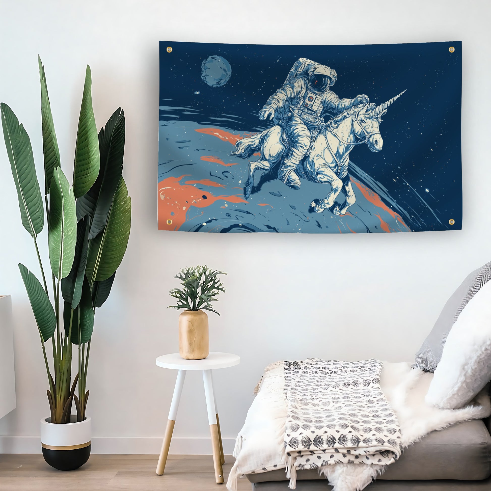 Astronaut Unicorn Ride flag as indoor wall art – versatile home décor | Bannerfi