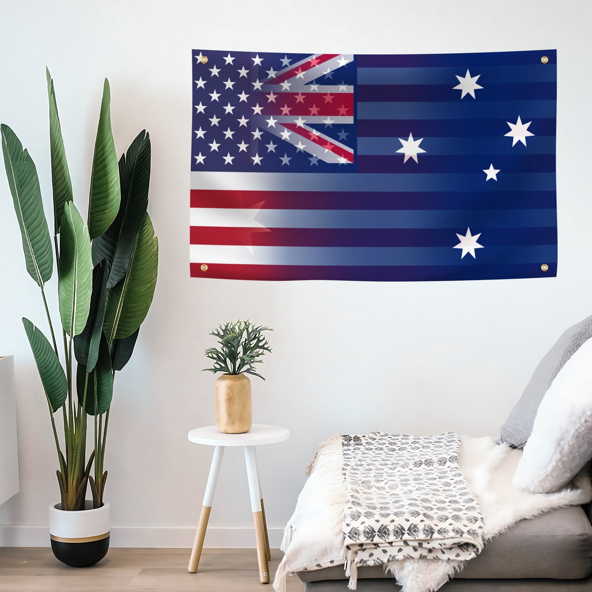Australian American Hybrid Flag banner with 4 grommets mounted on a wall - Flags by Bannerfi