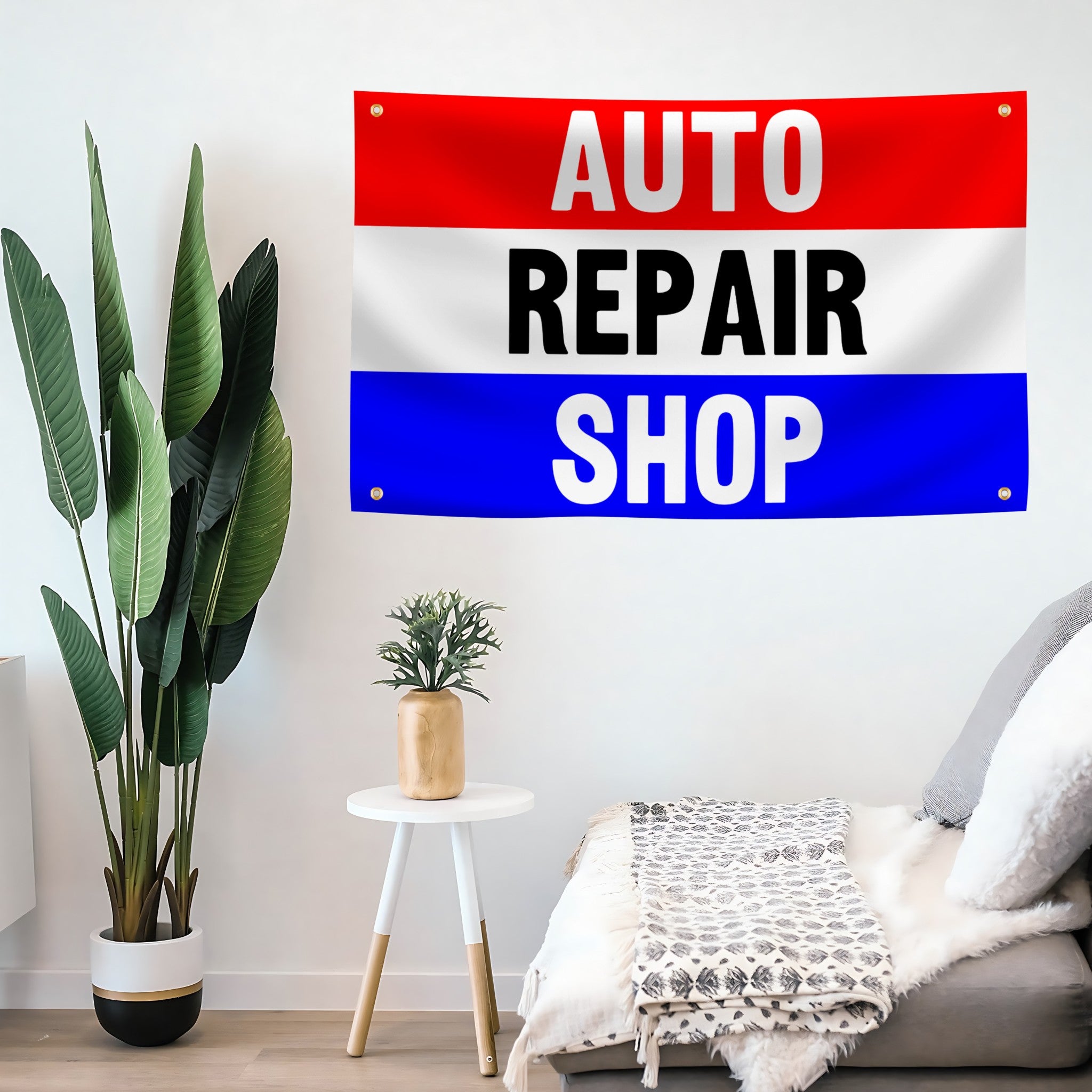 Decorative flag banner for an auto repair shop mounted on a wall. 