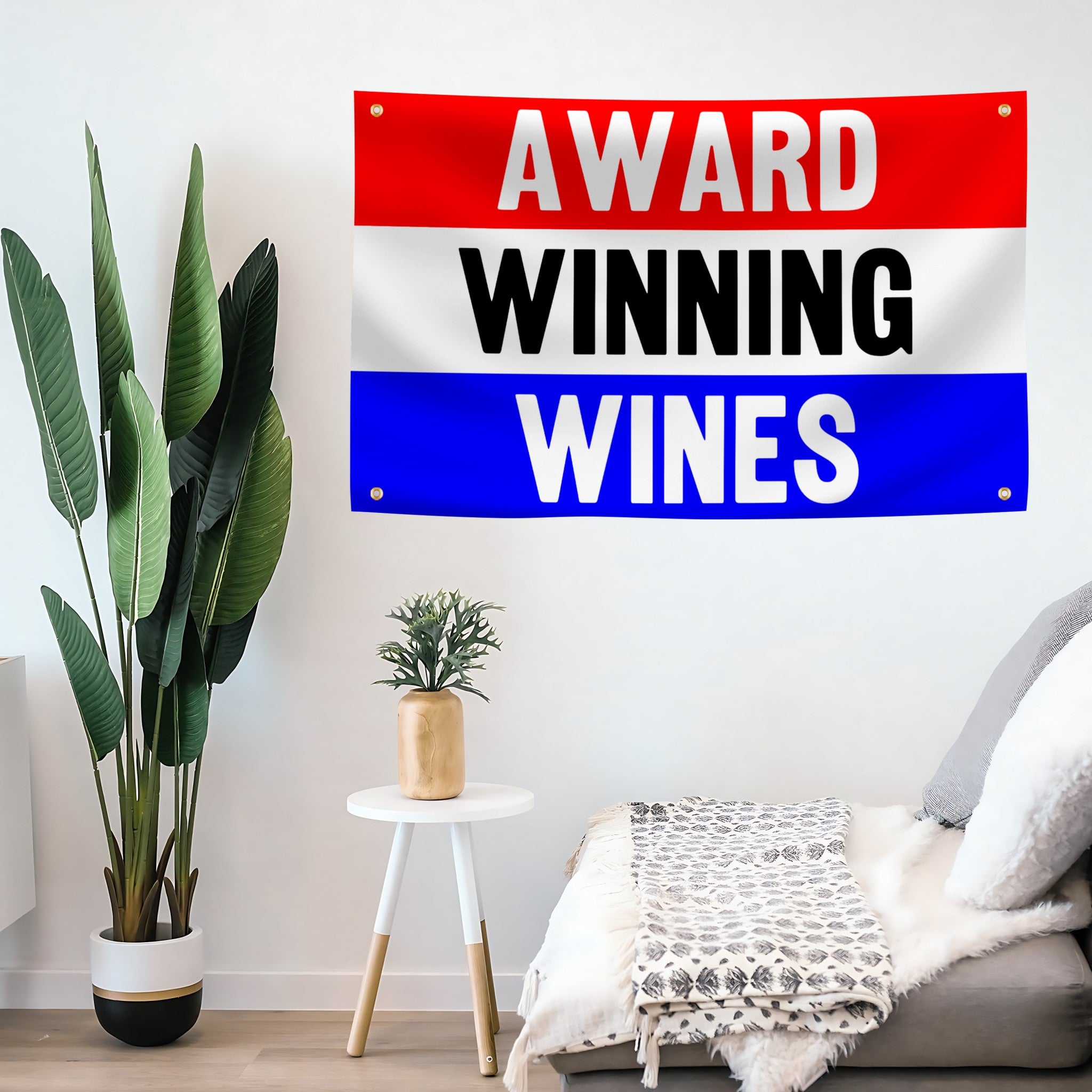 Decorative flag banner with 'Award Winning Wines' text in a room setting.