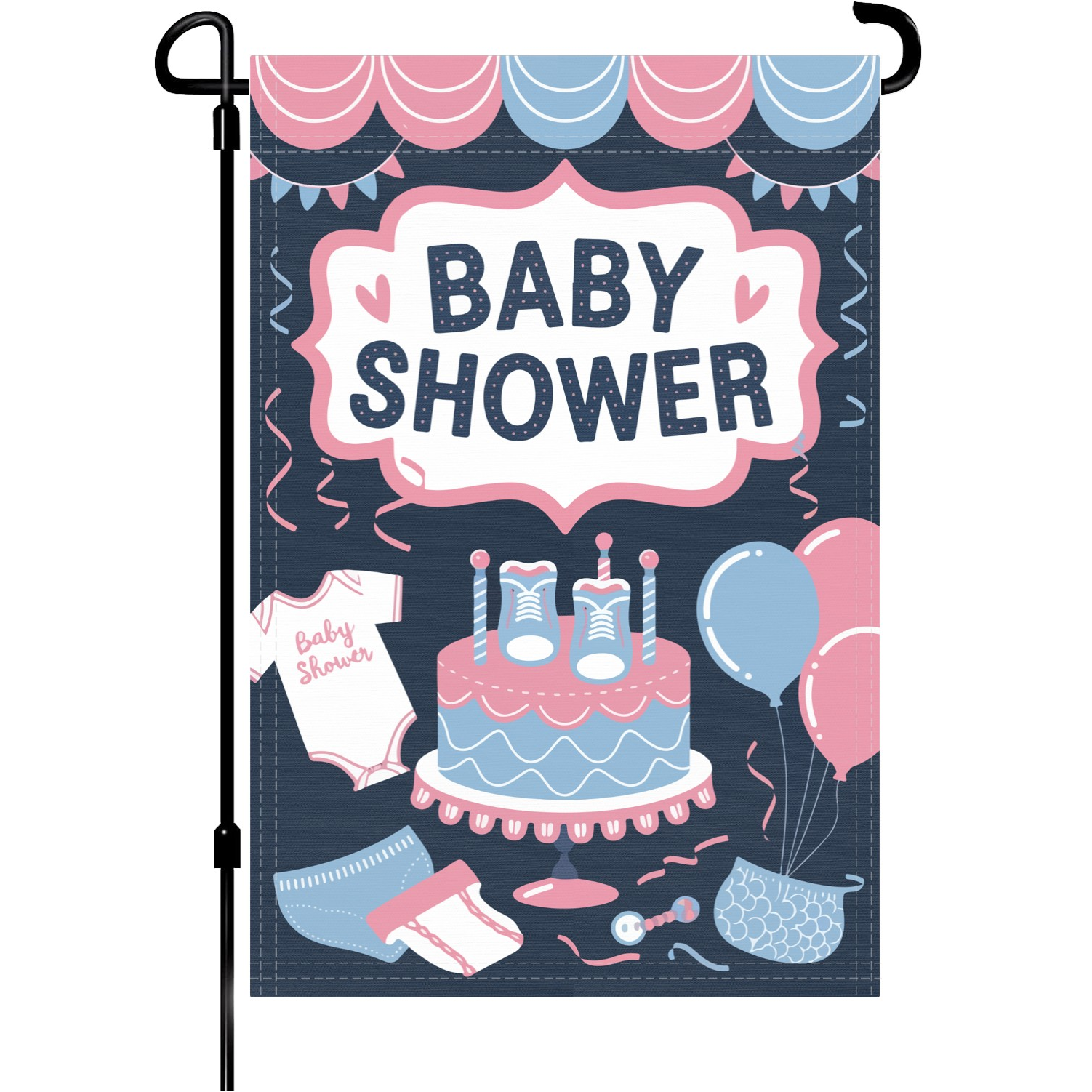 Baby Shower garden flag made of weatherproof polyester mounted on a garden flagpole | Bannerfi