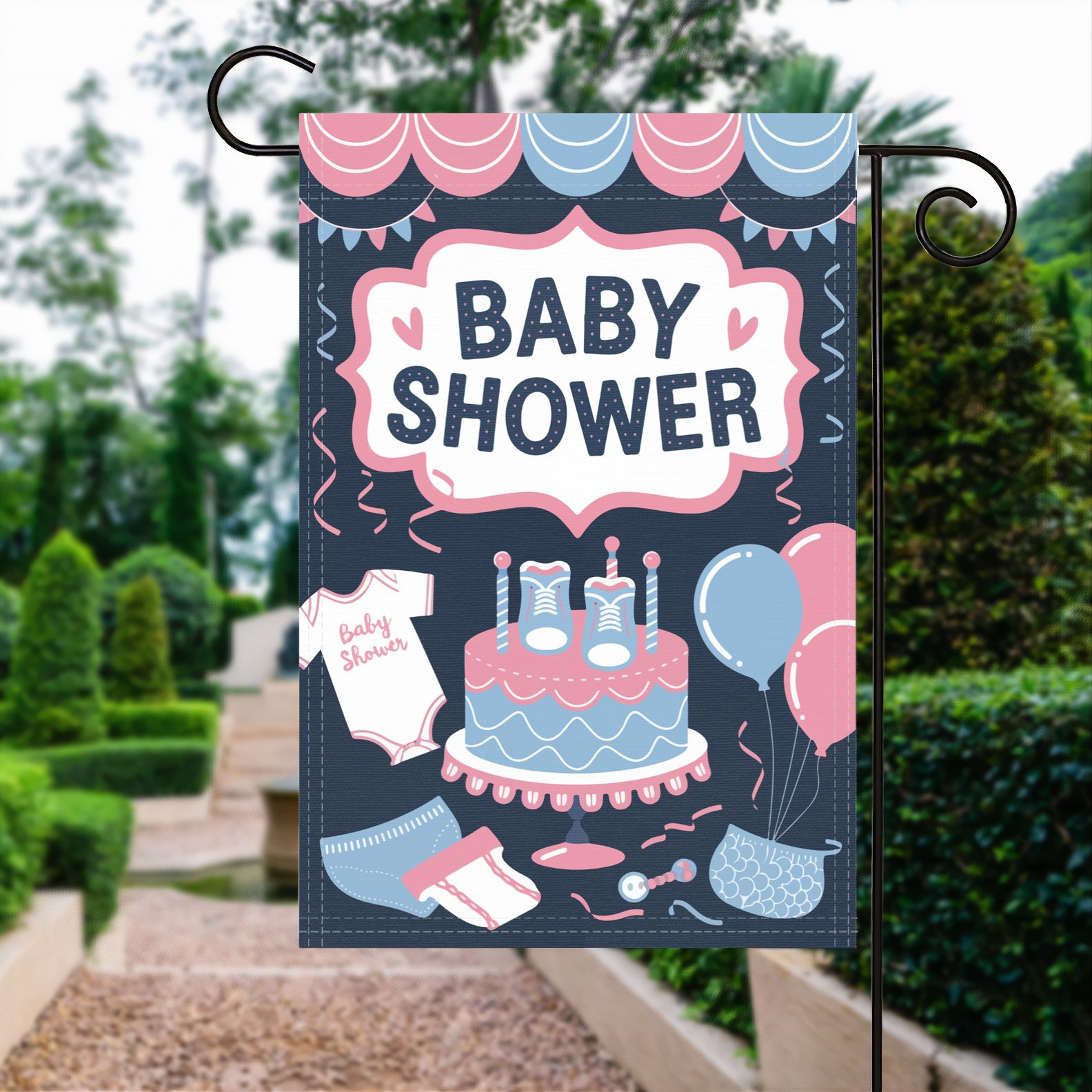 Baby Shower garden flag made of weatherproof polyester displayed in a garden | Bannerfi