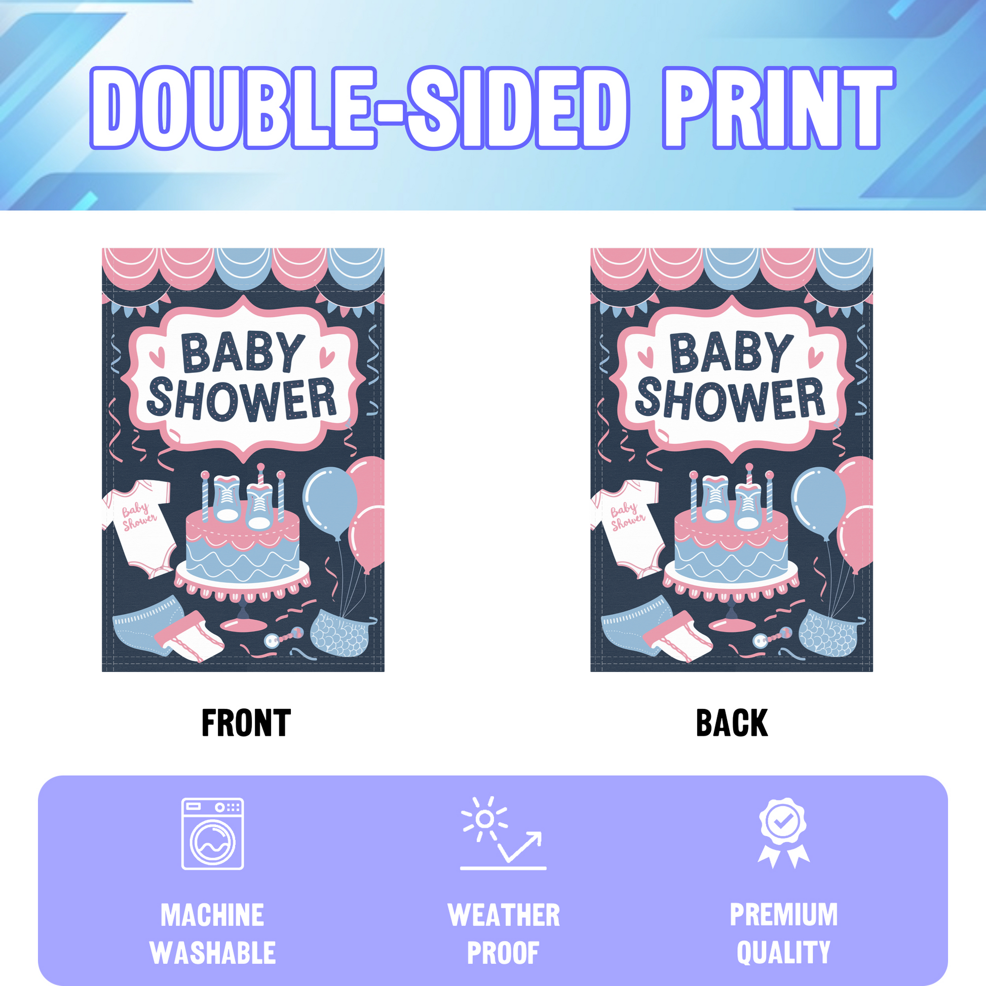 Baby Shower garden flag displayed in an infographic, showing the double sided print and high quality characteristics | Bannerfi