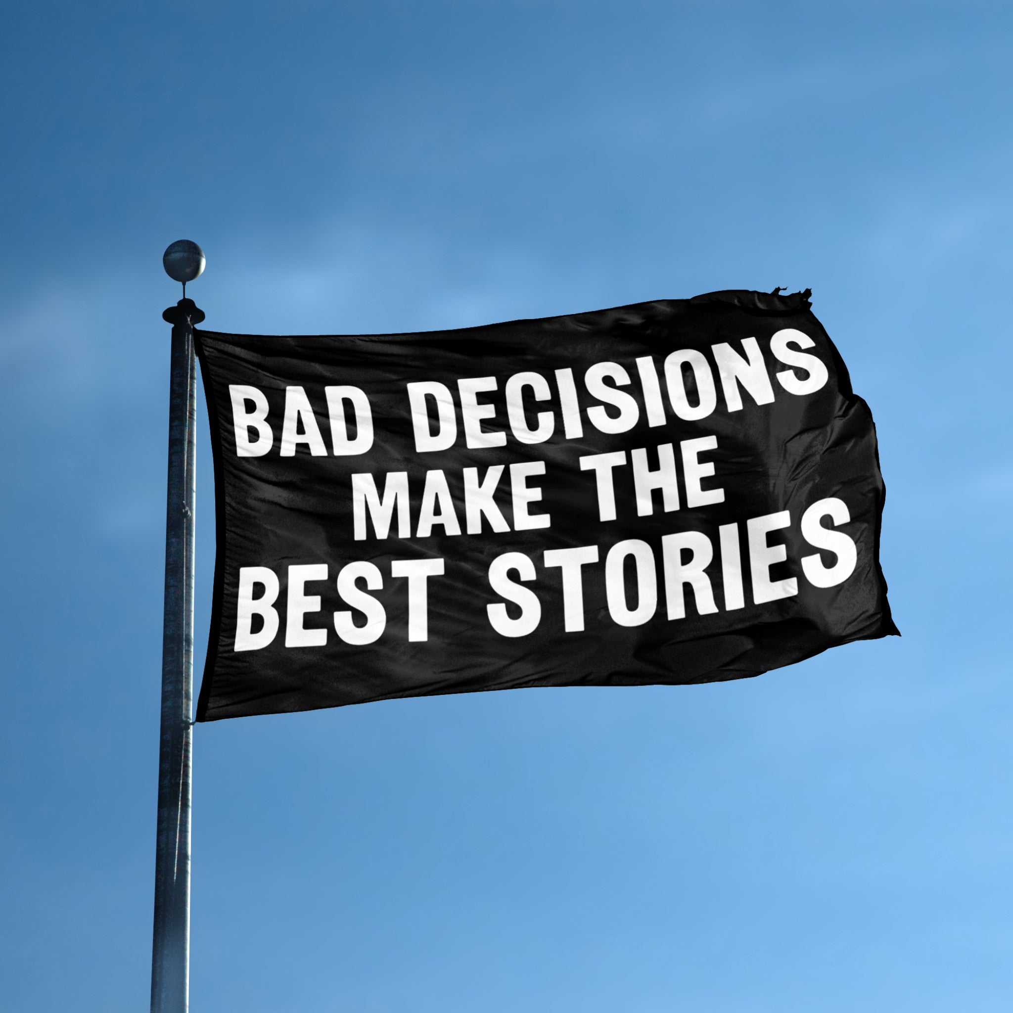 Bad Decisions Make The Best Stories flag displayed outdoors – weatherproof house banner on pole | Bannerfi