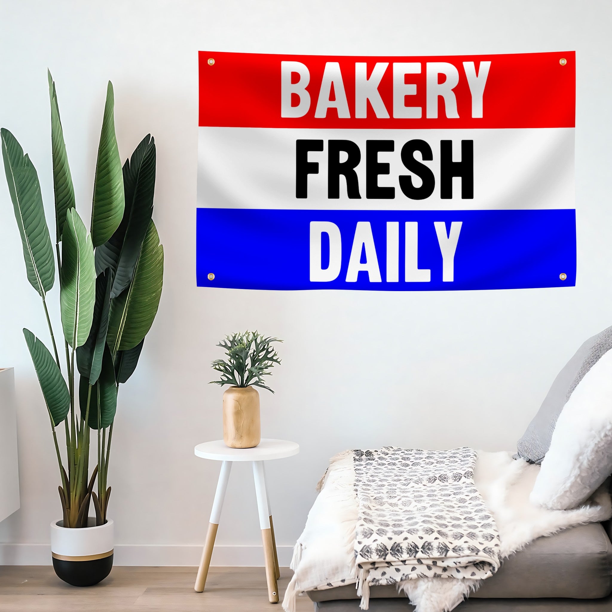 Decorative flag banner with 'Bakery Fresh Daily' text on a wall.