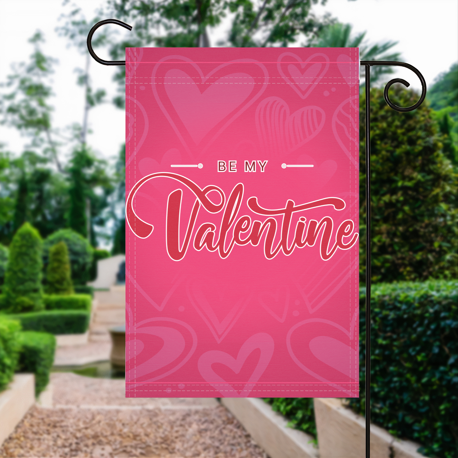 Be My Valentine garden flag made of weatherproof polyester displayed in a garden | Bannerfi