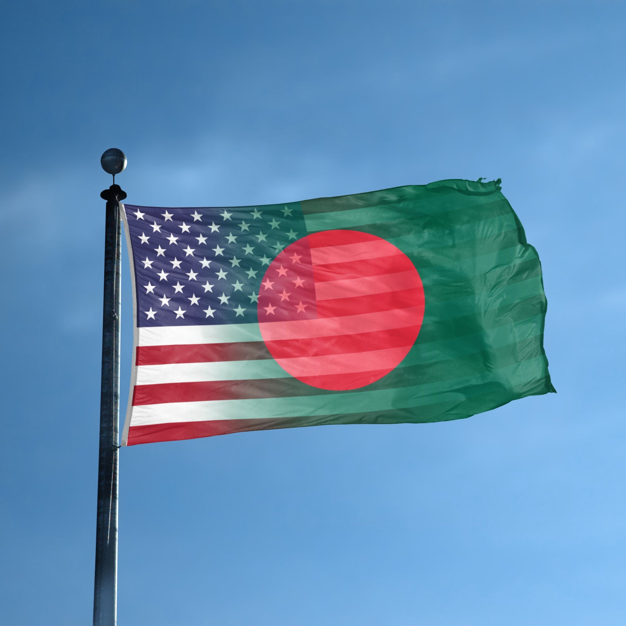 Flag of Bangladesh and the United States waving against a clear blue sky.