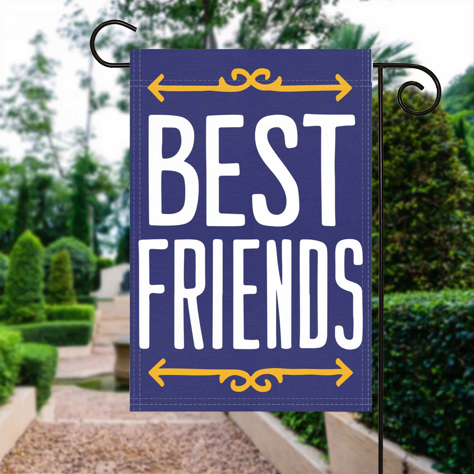 Best Friends garden flag made of weatherproof polyester displayed in a garden | Bannerfi