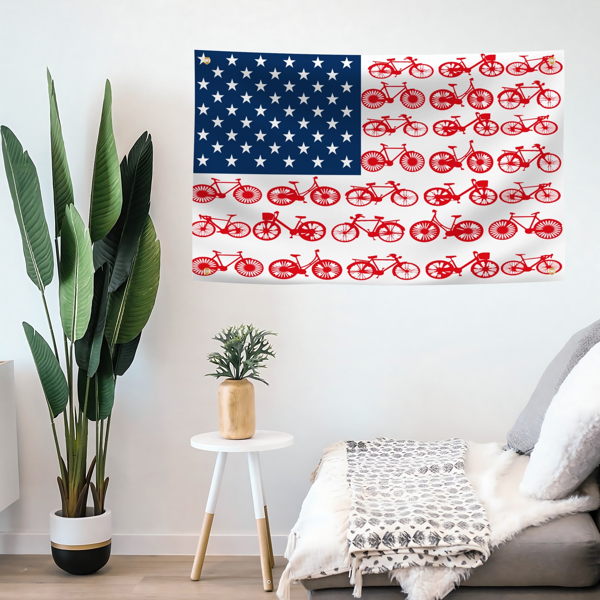 American flag with red bicycles as the red stripes on a wall in a living room.