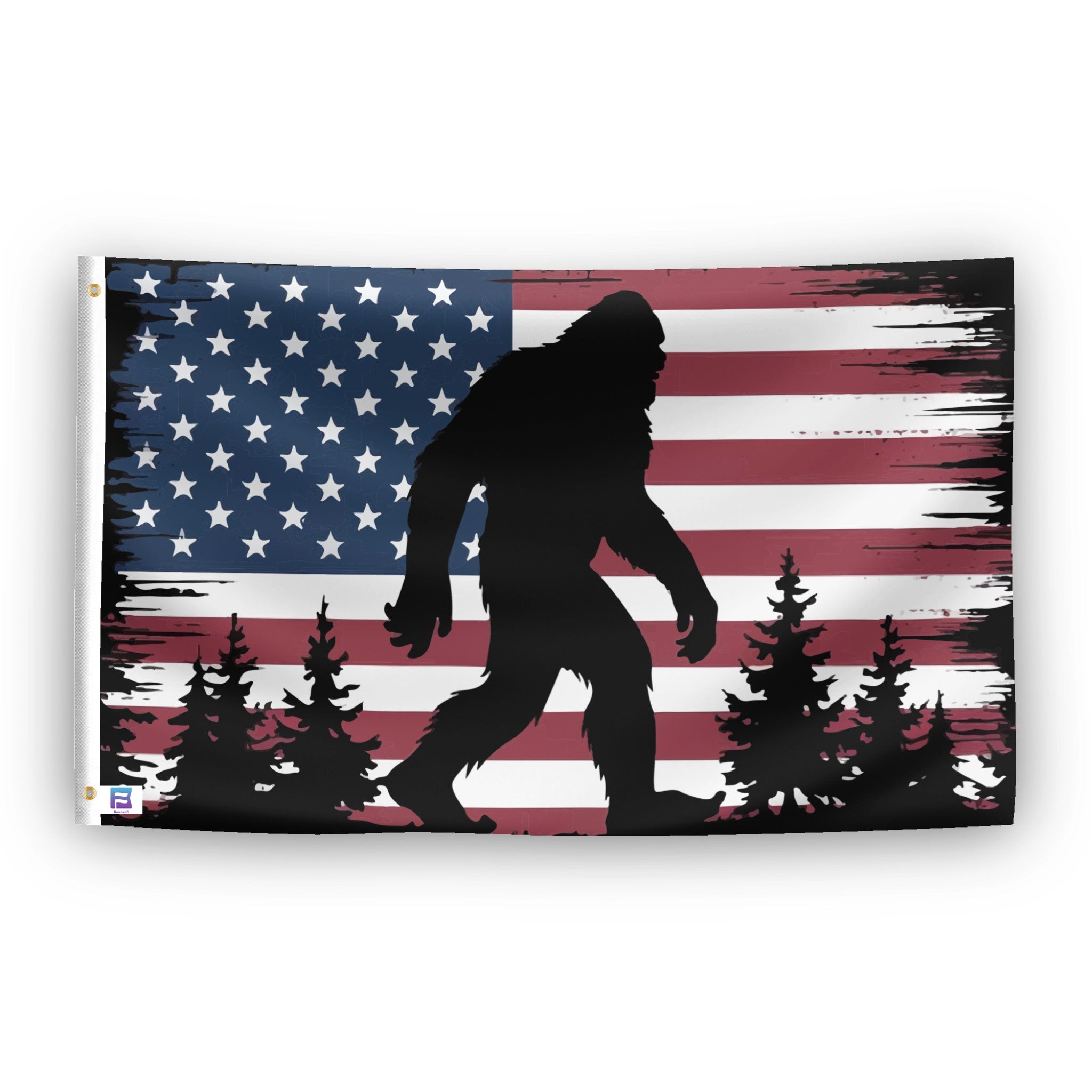 A flag with the theme "Bigfoot American", displayed with two brass grommets reinforced with a white canvas header.