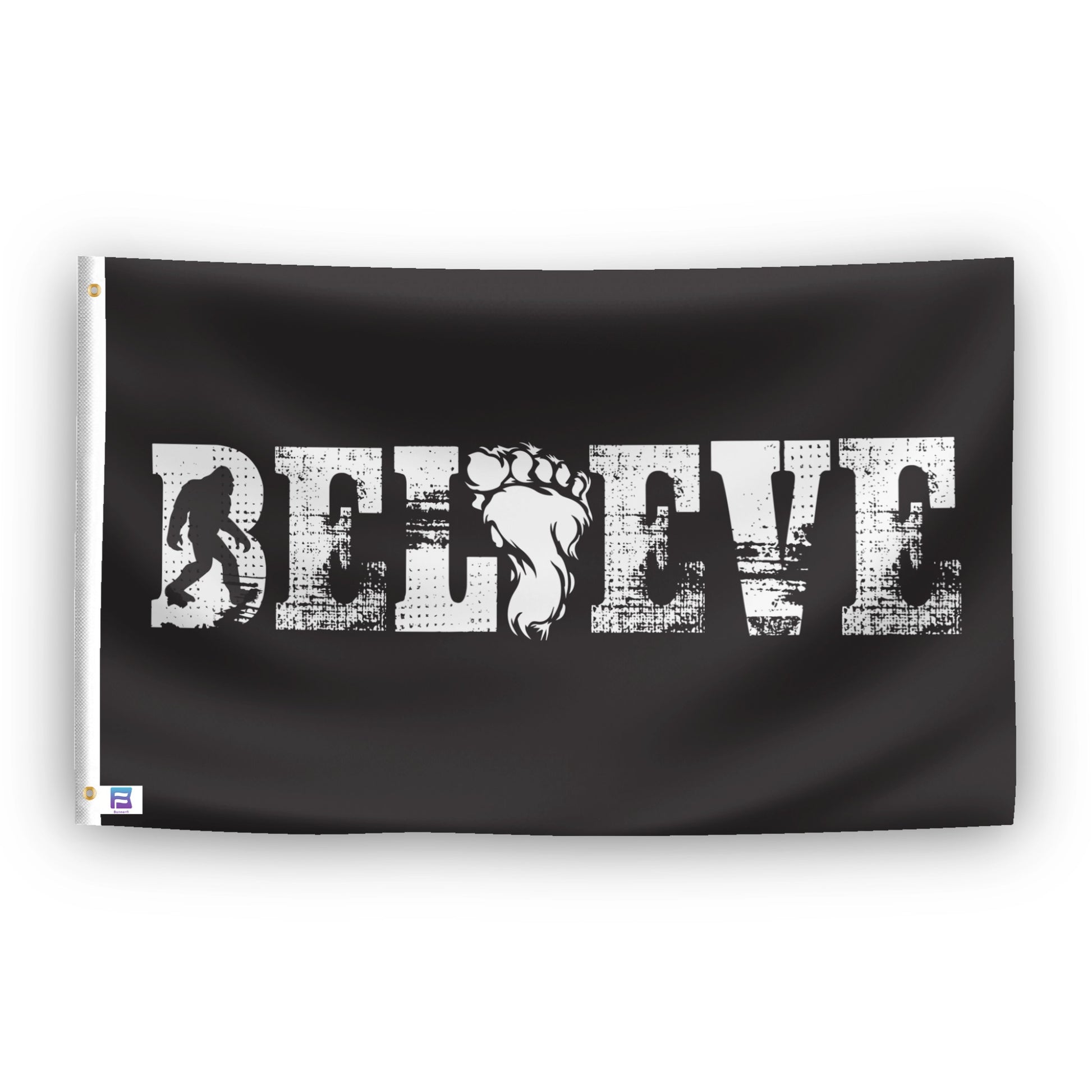 A flag with the theme "Bigfoot Believe", displayed with two brass grommets reinforced with a white canvas header.