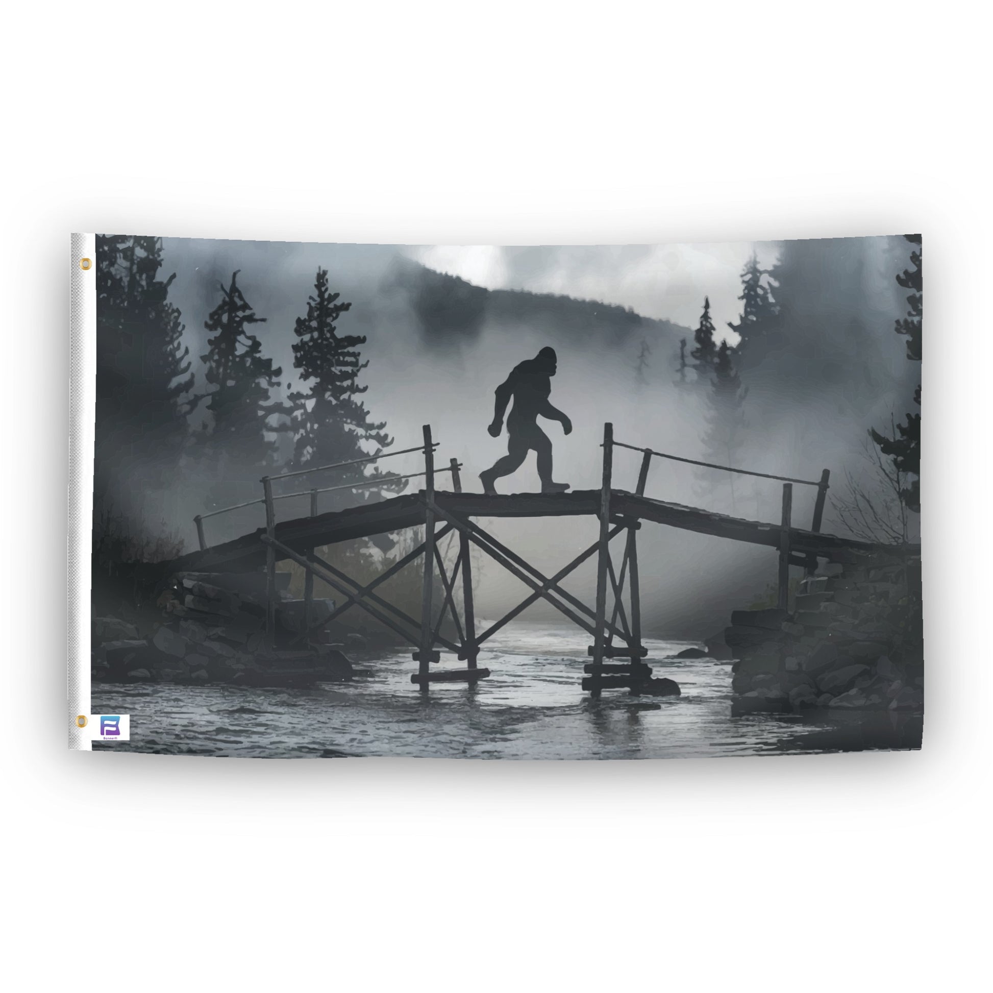A flag with the theme "Bigfoot Bridge Sighting", displayed with two brass grommets reinforced with a white canvas header.