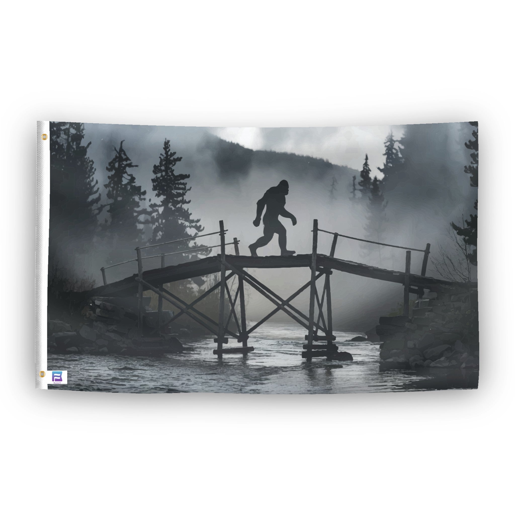 A flag with the theme "Bigfoot Bridge Sighting", displayed with two brass grommets reinforced with a white canvas header.