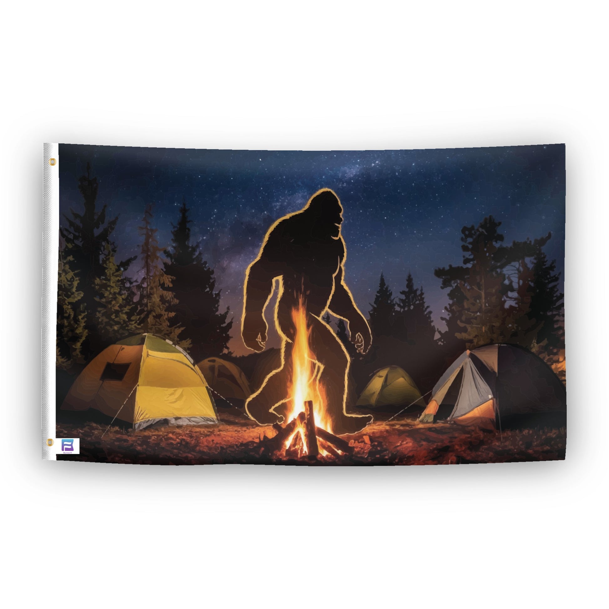A flag with the theme "Bigfoot Campfire", displayed with two brass grommets reinforced with a white canvas header.