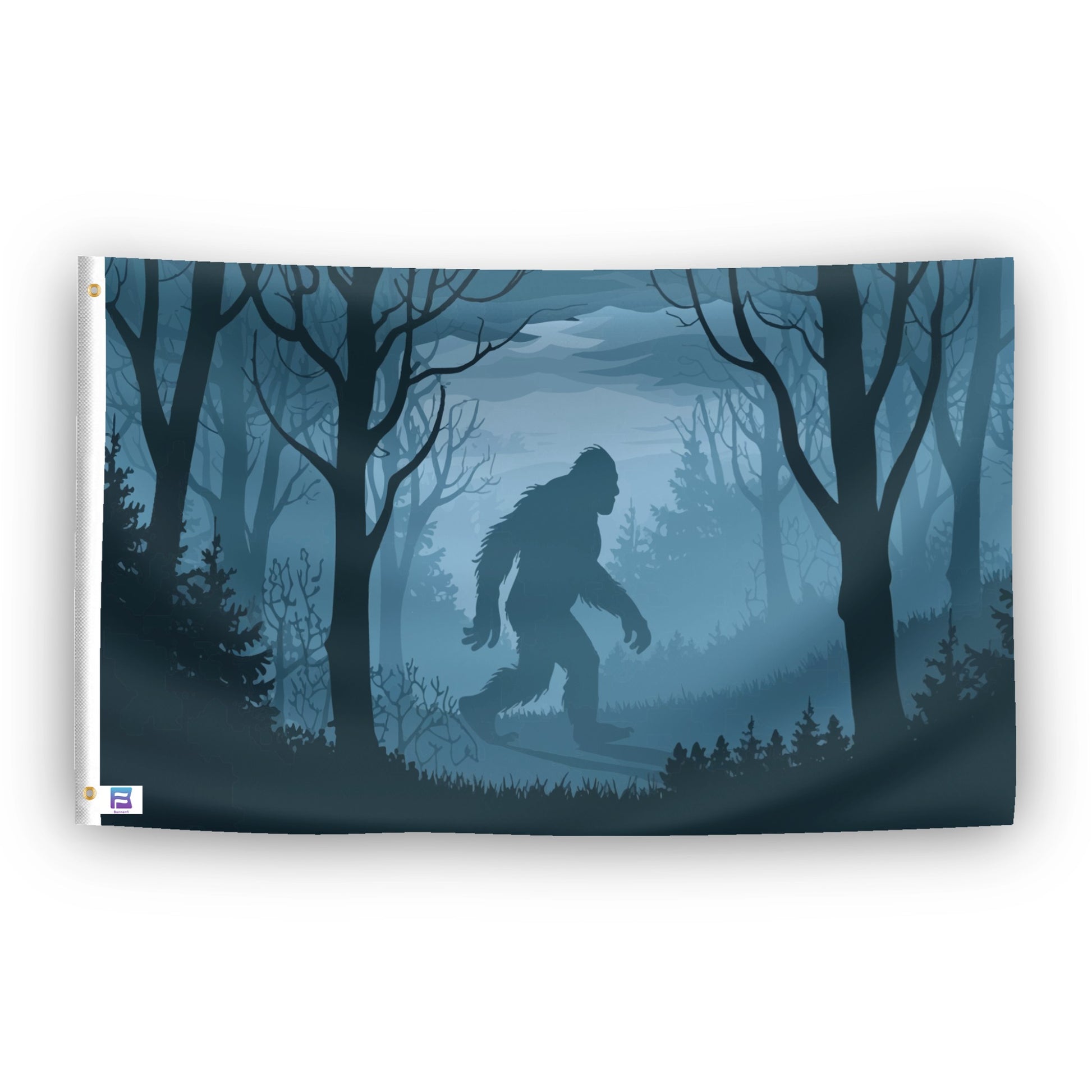 A flag with the theme "Bigfoot Dark Forest", displayed with two brass grommets reinforced with a white canvas header.