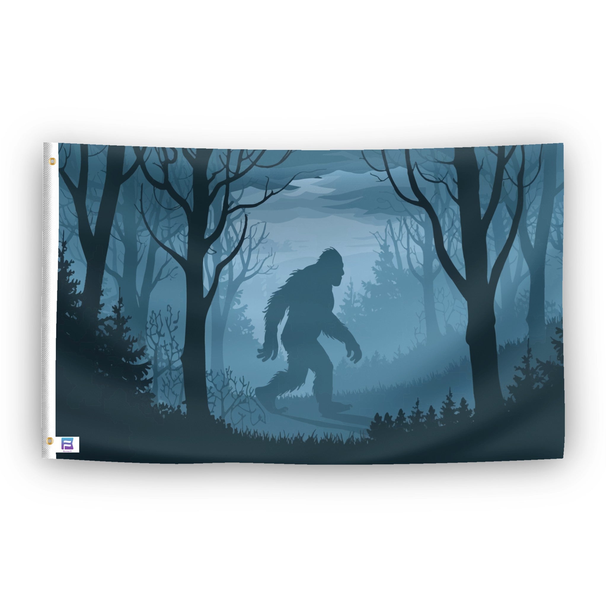 A flag with the theme "Bigfoot Dark Forest", displayed with two brass grommets reinforced with a white canvas header.