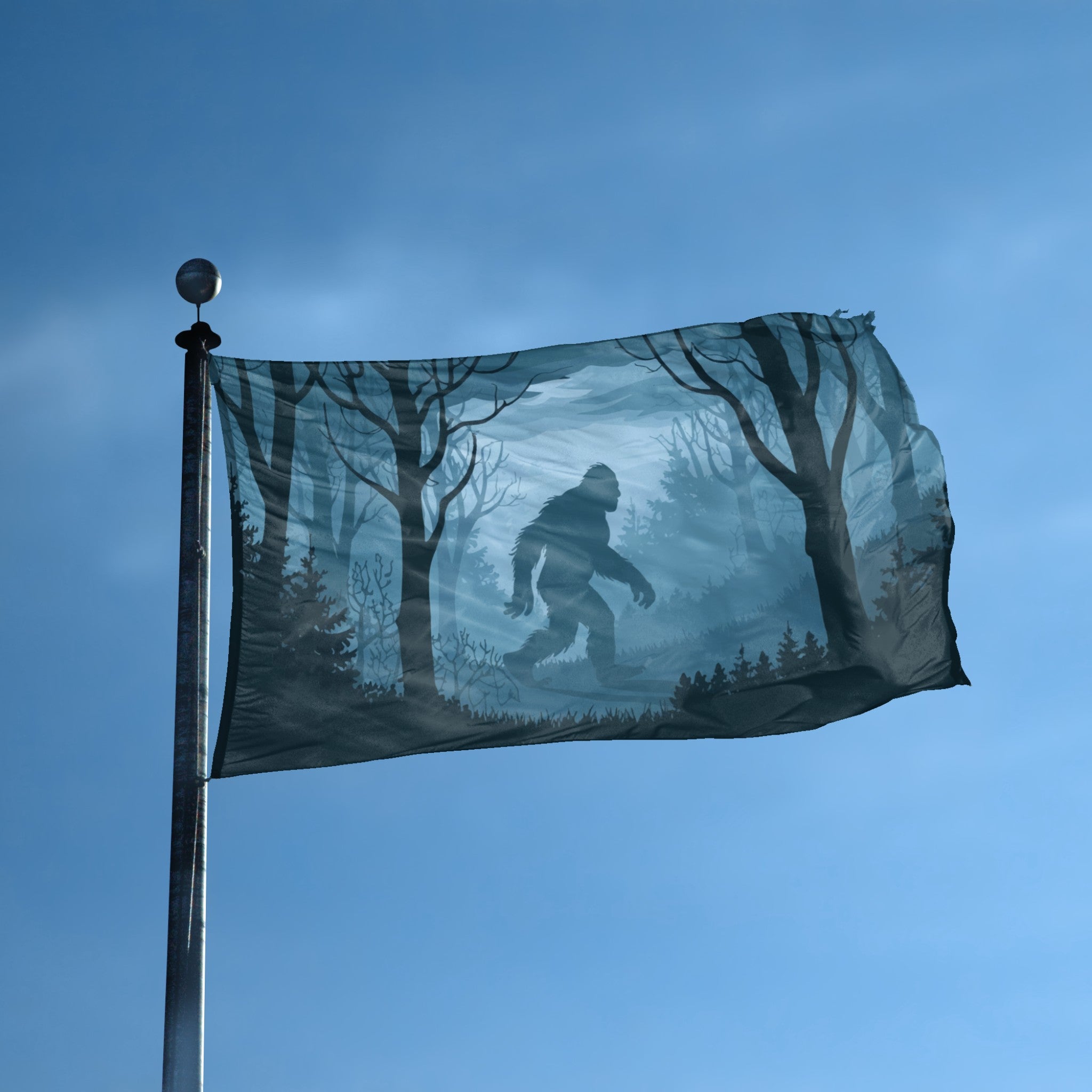 A flag with the theme "Bigfoot Dark Forest" displayed on a tall flag pole and blue skies.