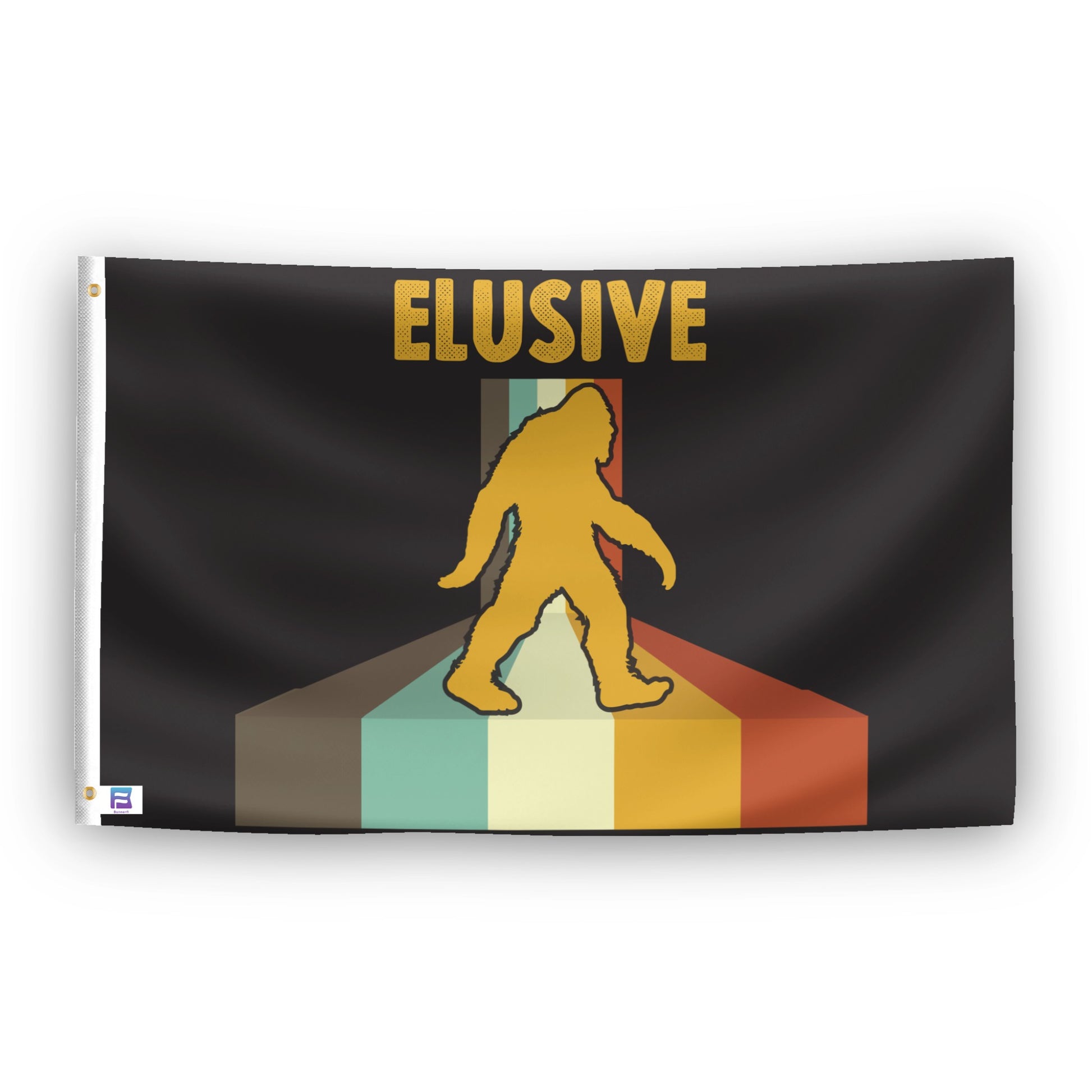 A flag with the theme "Bigfoot Elusive", displayed with two brass grommets reinforced with a white canvas header.