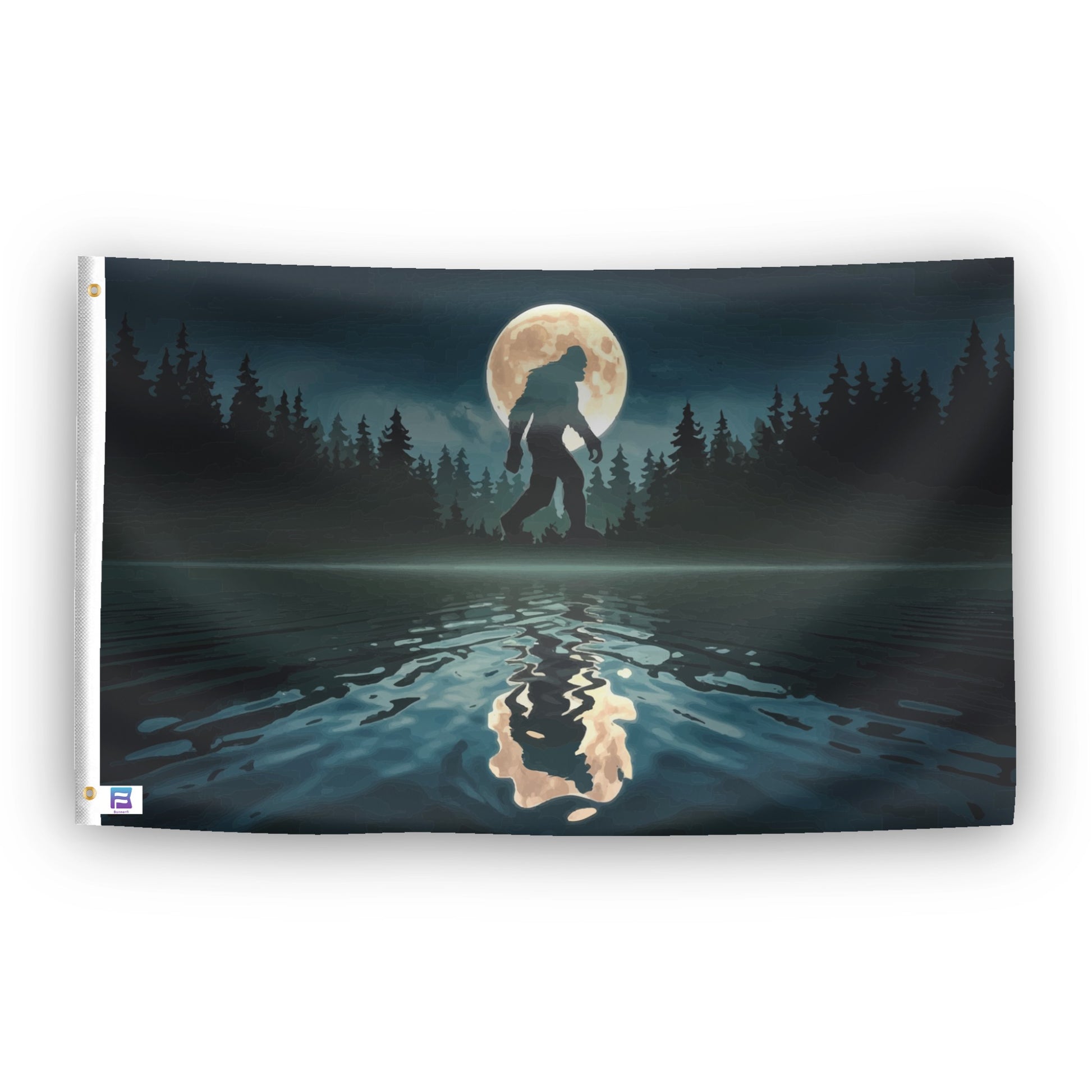 A flag with the theme "Bigfoot Full Moon", displayed with two brass grommets reinforced with a white canvas header.