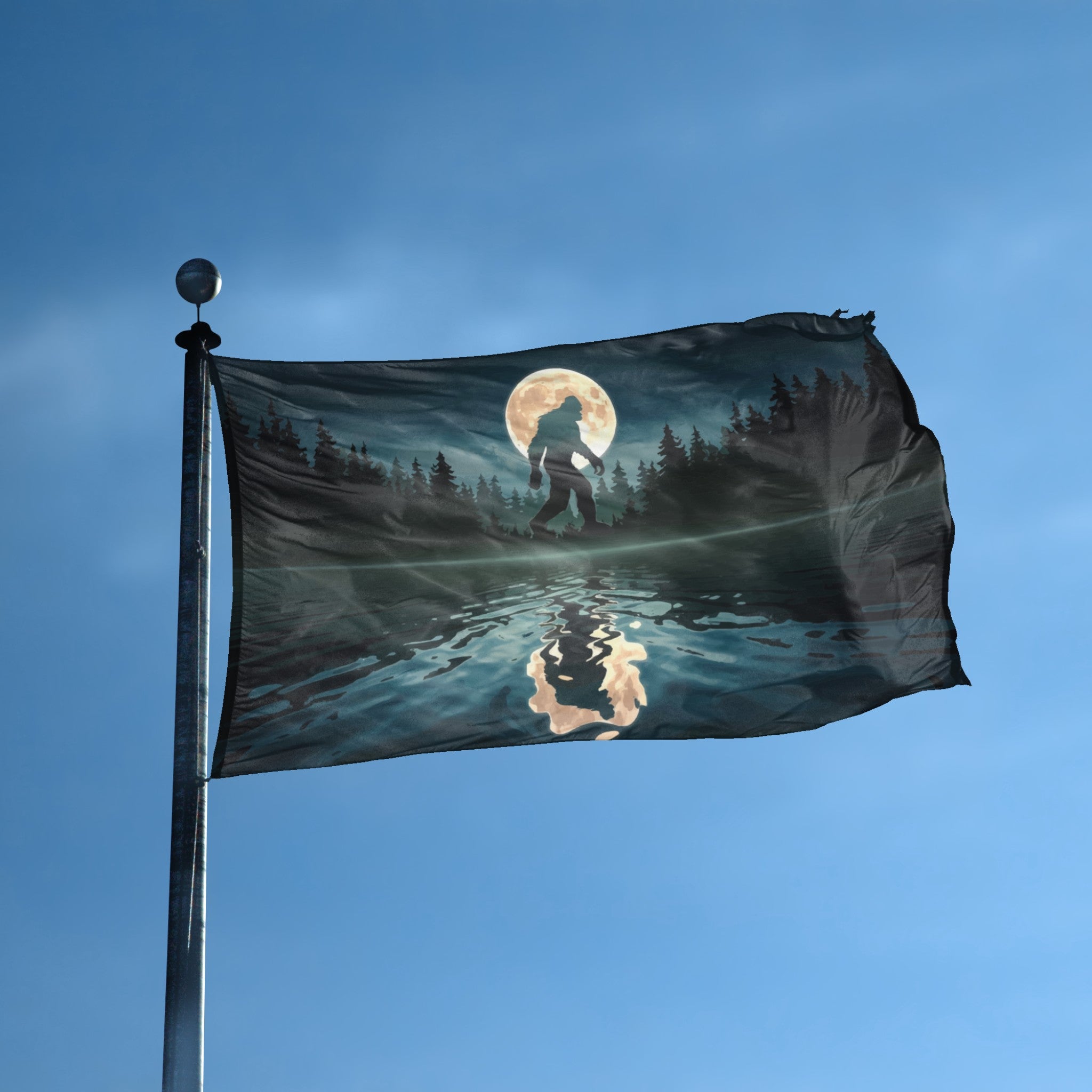 A flag with the theme "Bigfoot Full Moon" displayed on a tall flag pole and blue skies.