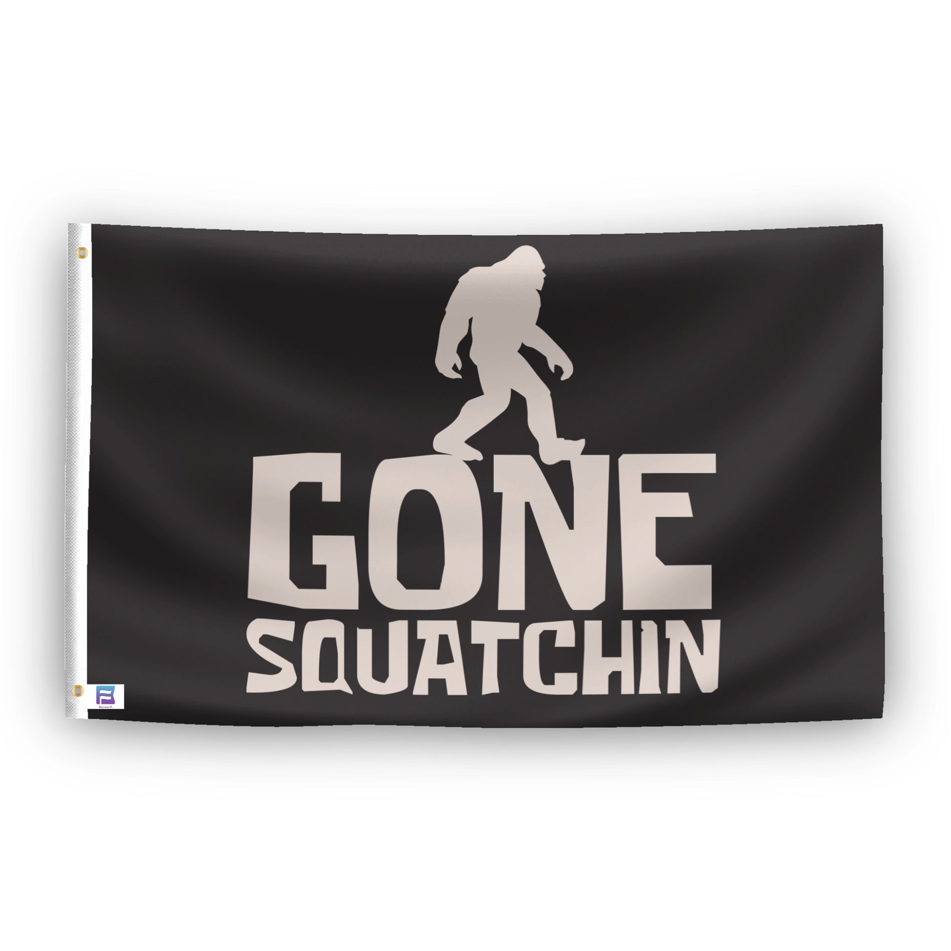 A flag with the theme "Bigfoot Gone Squatchin", displayed with two brass grommets reinforced with a white canvas header.