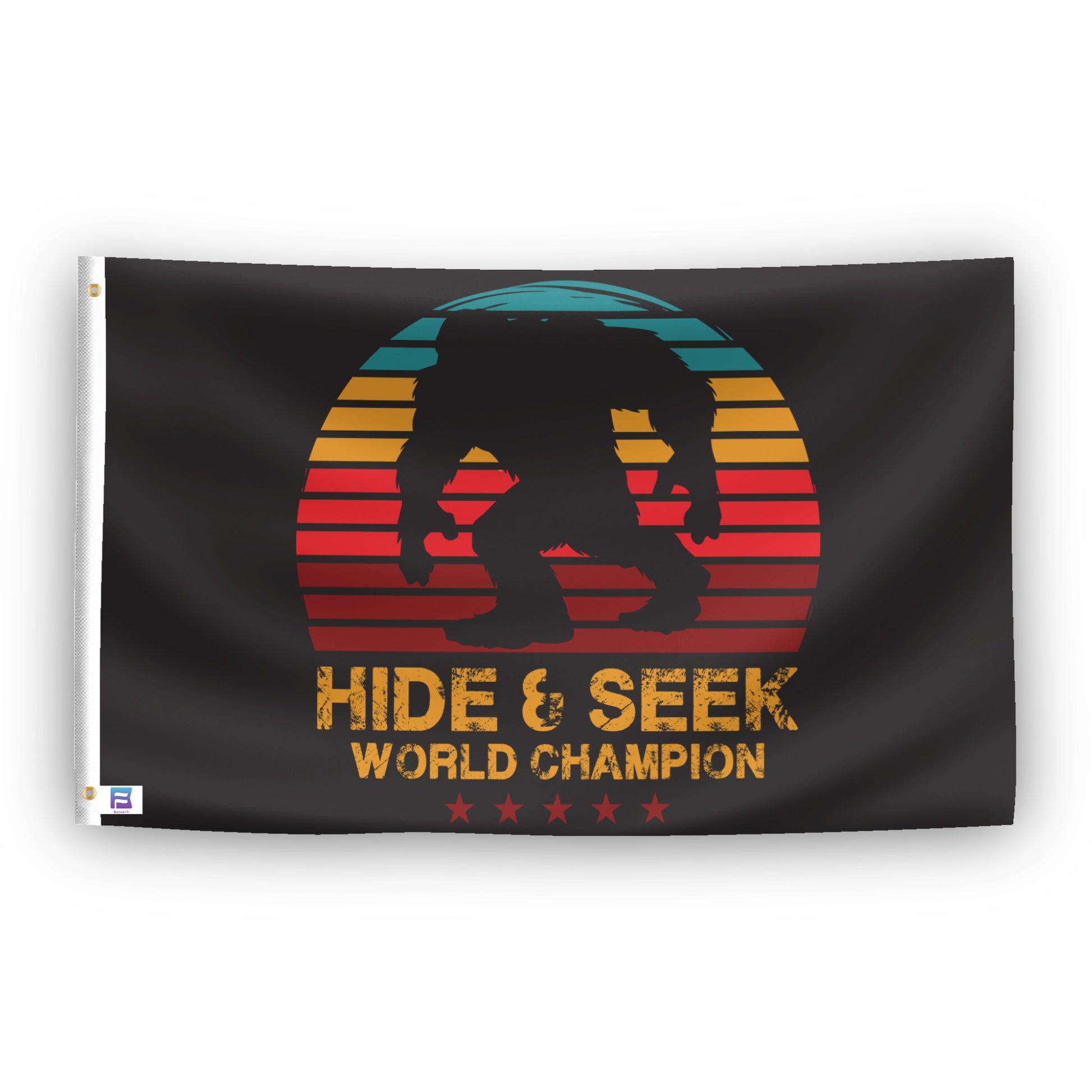 A flag with the theme "Bigfoot Hide & Seek World Champion", displayed with two brass grommets reinforced with a white canvas header.