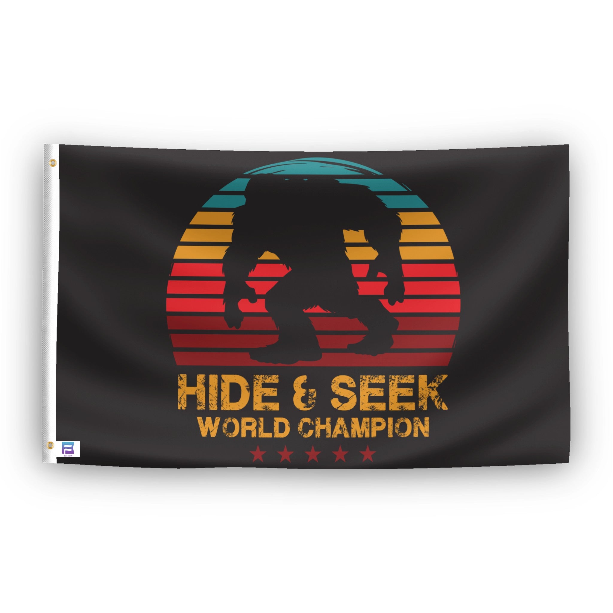 A flag with the theme "Bigfoot Hide & Seek World Champion", displayed with two brass grommets reinforced with a white canvas header.