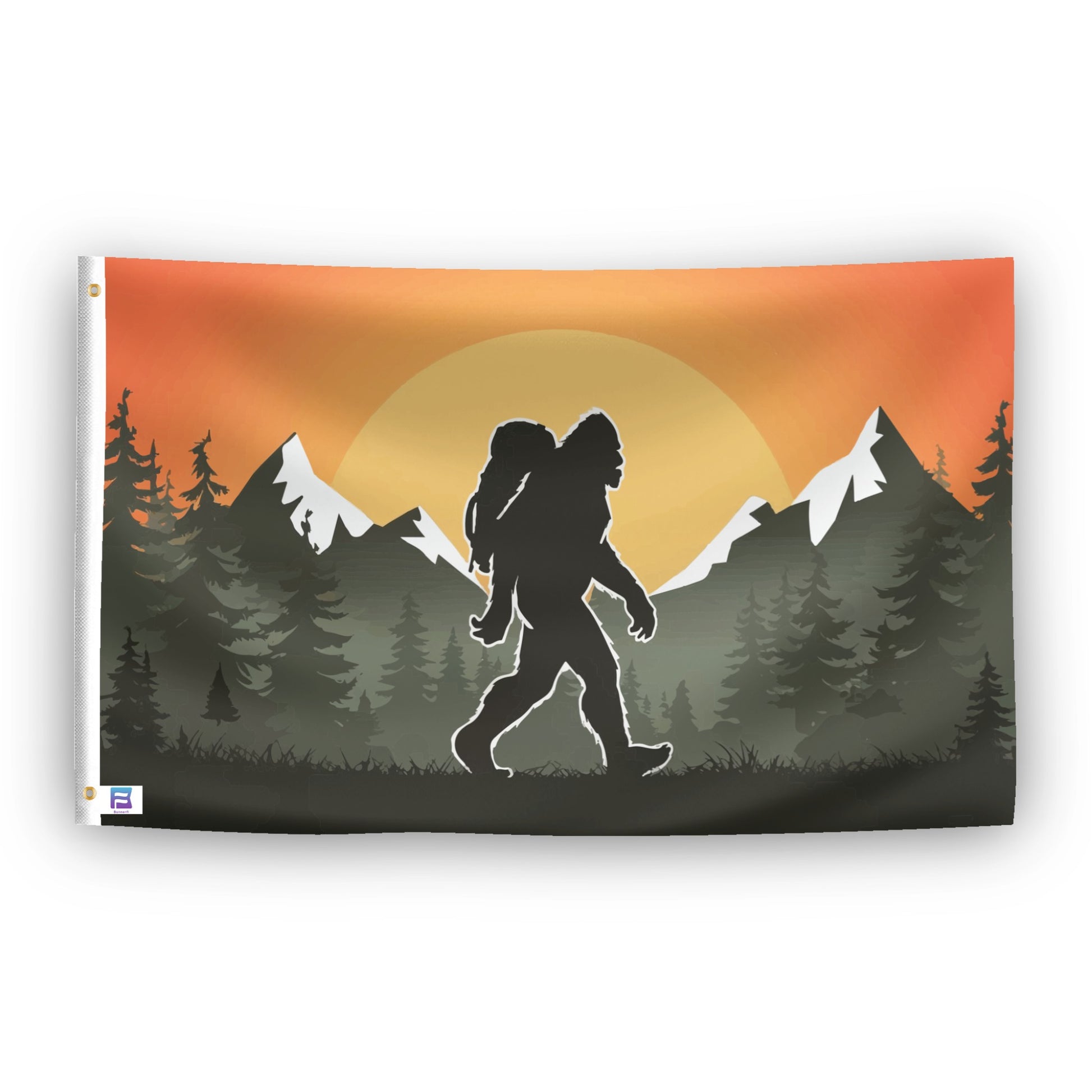 A flag with the theme "Bigfoot Hiking", displayed with two brass grommets reinforced with a white canvas header.