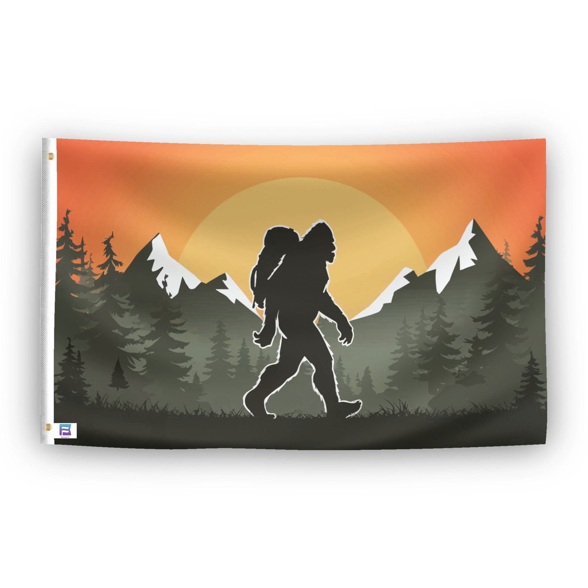 A flag with the theme "Bigfoot Hiking", displayed with two brass grommets reinforced with a white canvas header.