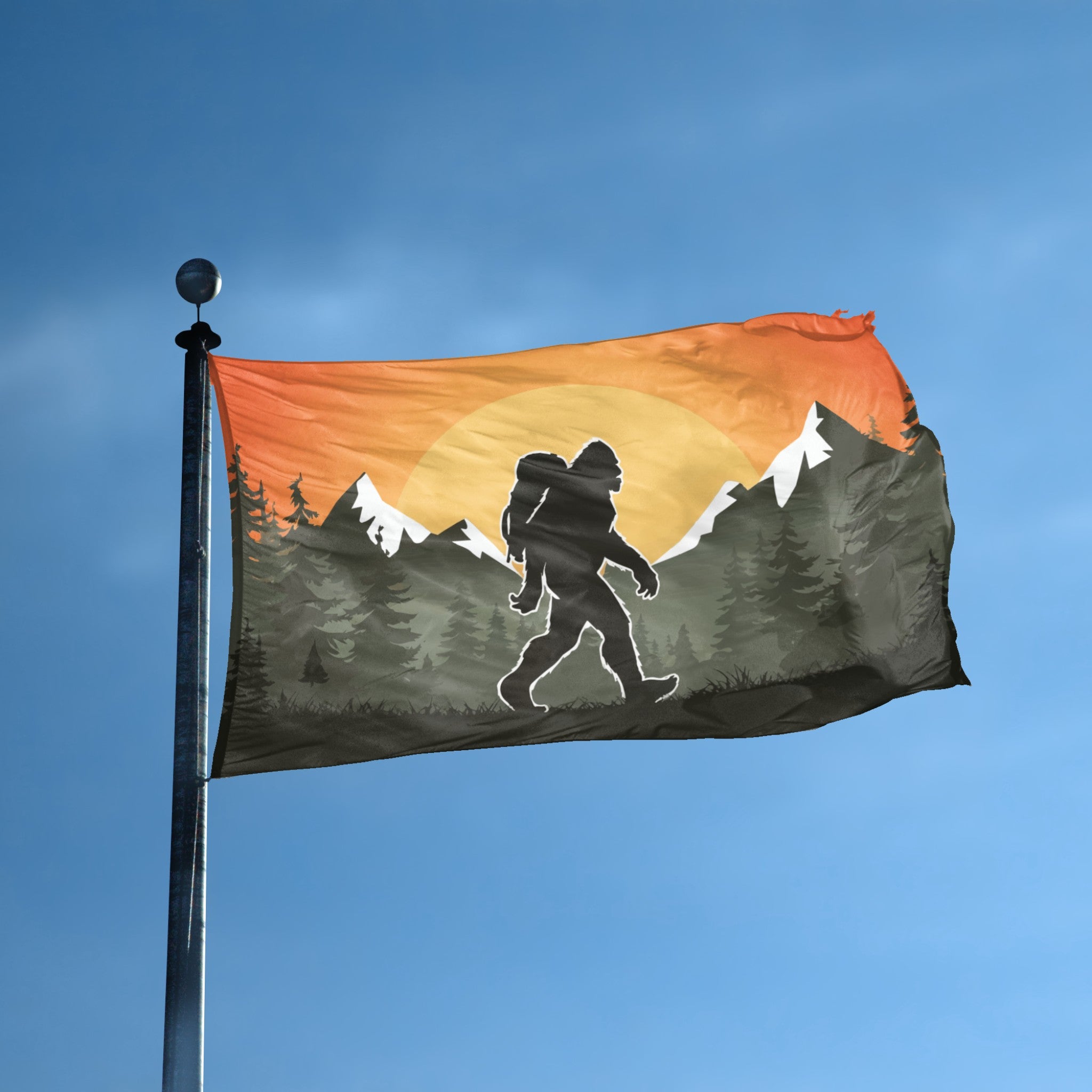 A flag with the theme "Bigfoot Hiking" displayed on a tall flag pole and blue skies.