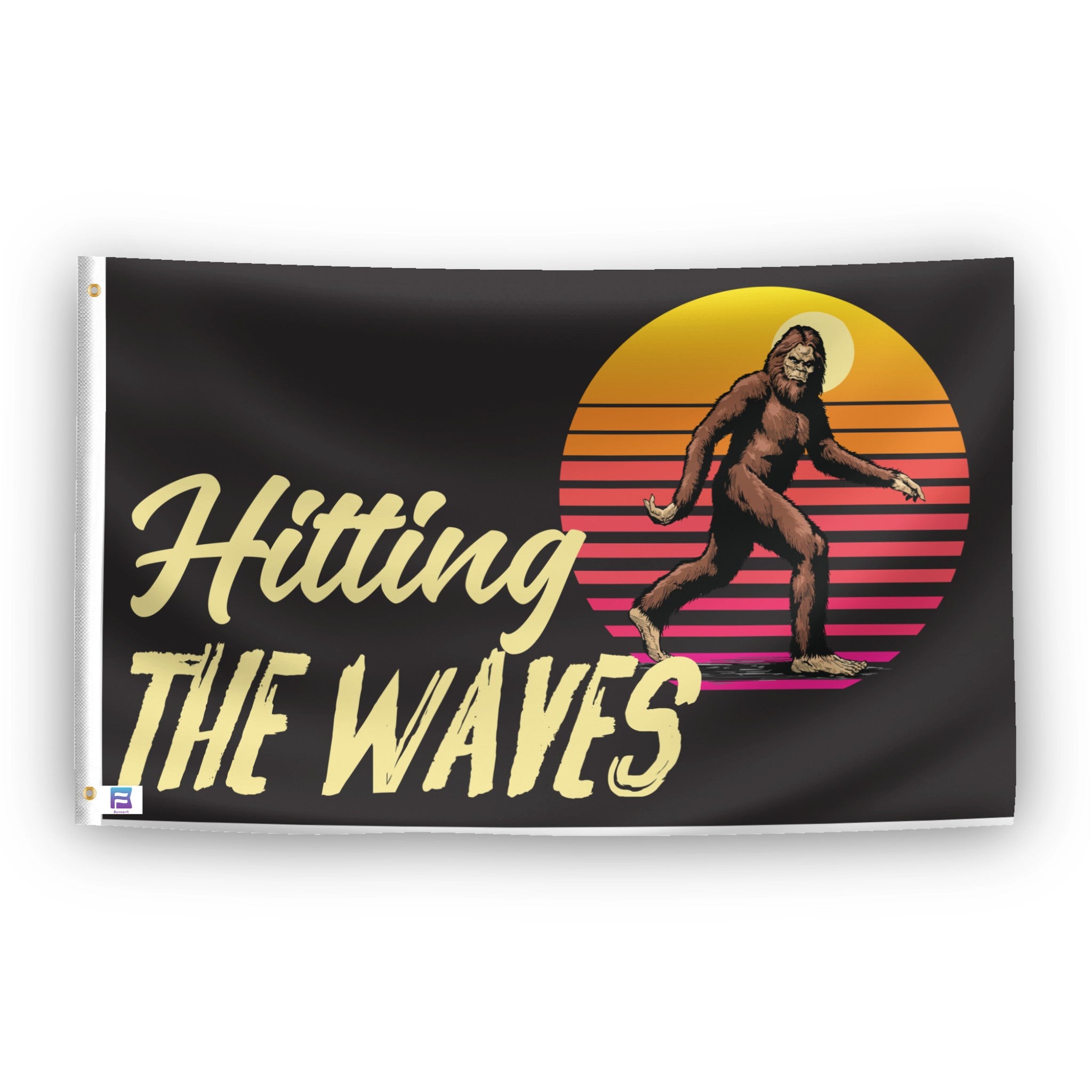 A flag with the theme "Bigfoot Hitting The Waves", displayed with two brass grommets reinforced with a white canvas header.