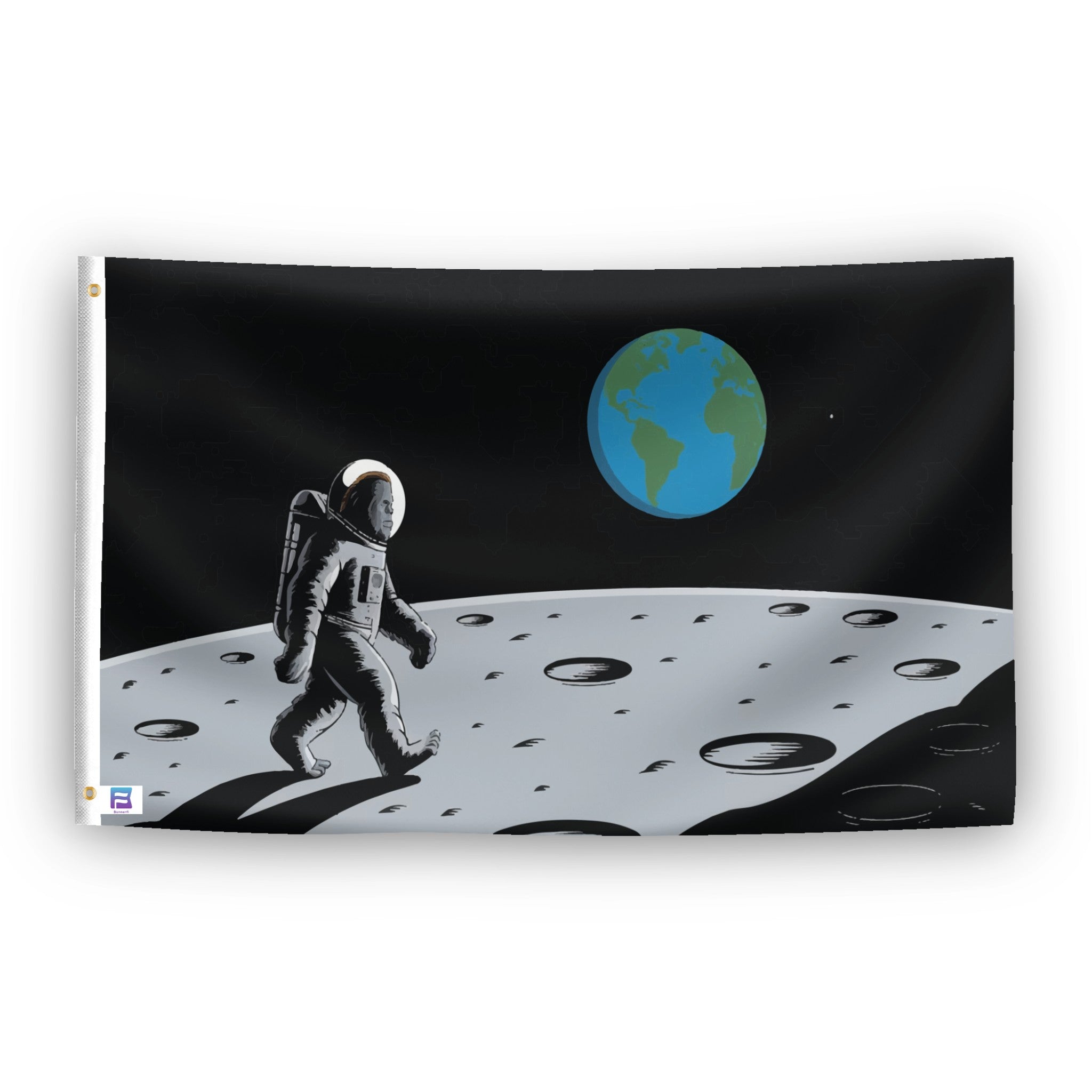 A flag with the theme "Bigfoot Moon Landing", displayed with two brass grommets reinforced with a white canvas header.