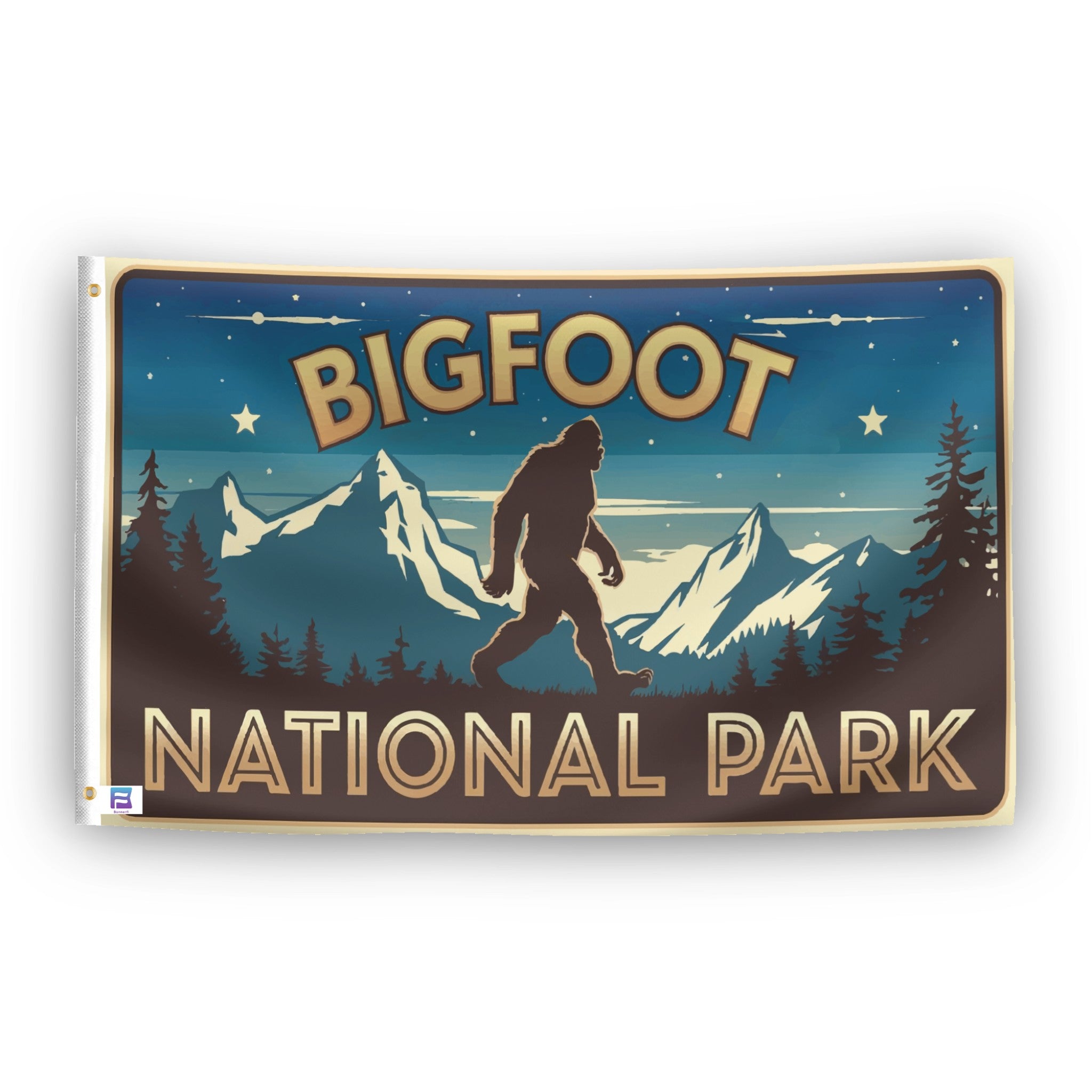 A flag with the theme "Bigfoot National Park", displayed with two brass grommets reinforced with a white canvas header.