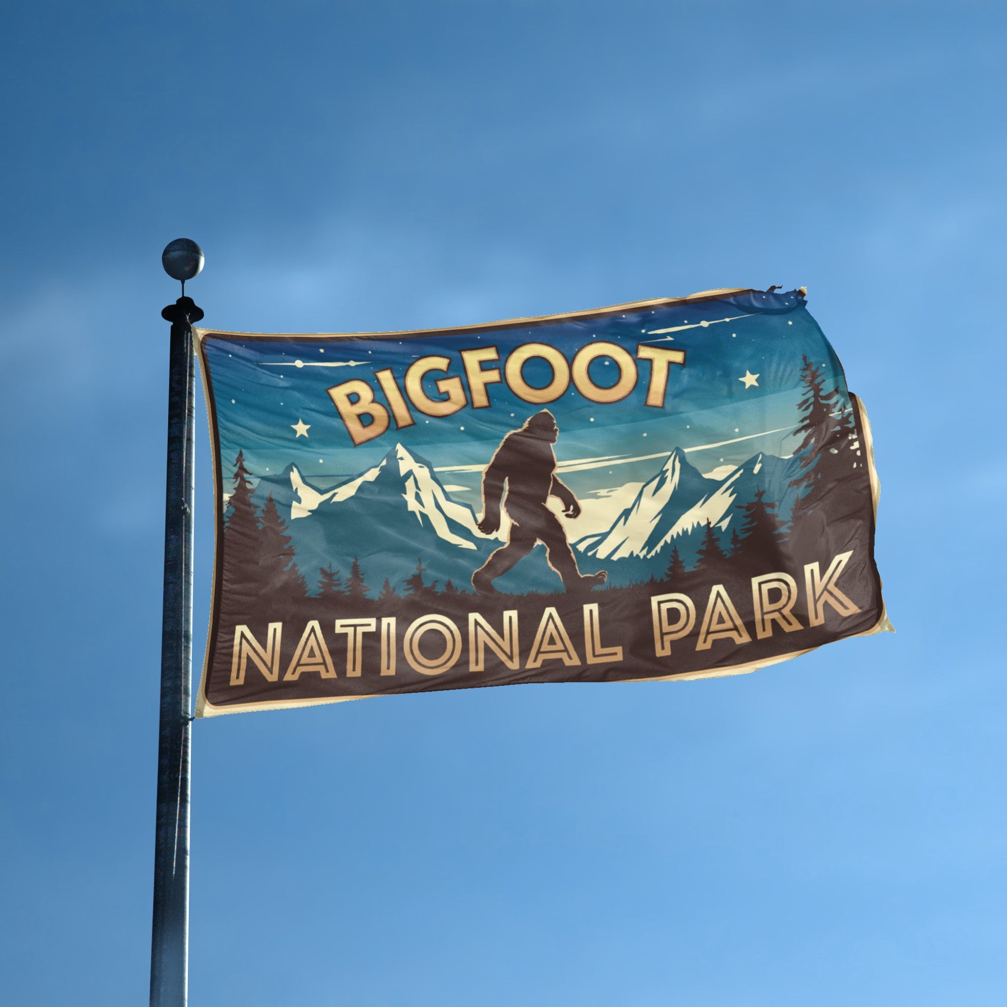 A flag with the theme "Bigfoot National Park" displayed on a tall flag pole and blue skies.