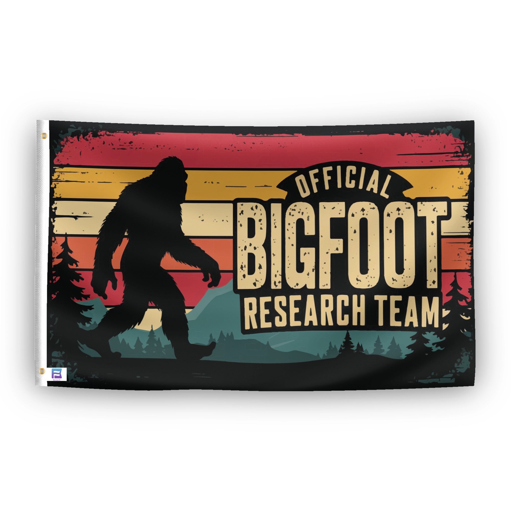 A flag with the theme "Bigfoot Official Research Team", displayed with two brass grommets reinforced with a white canvas header.