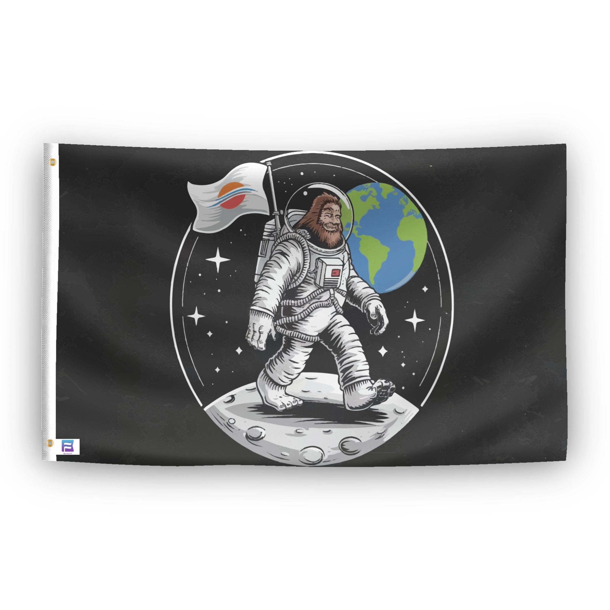 A flag with the theme "Bigfoot On The Moon", displayed with two brass grommets reinforced with a white canvas header.