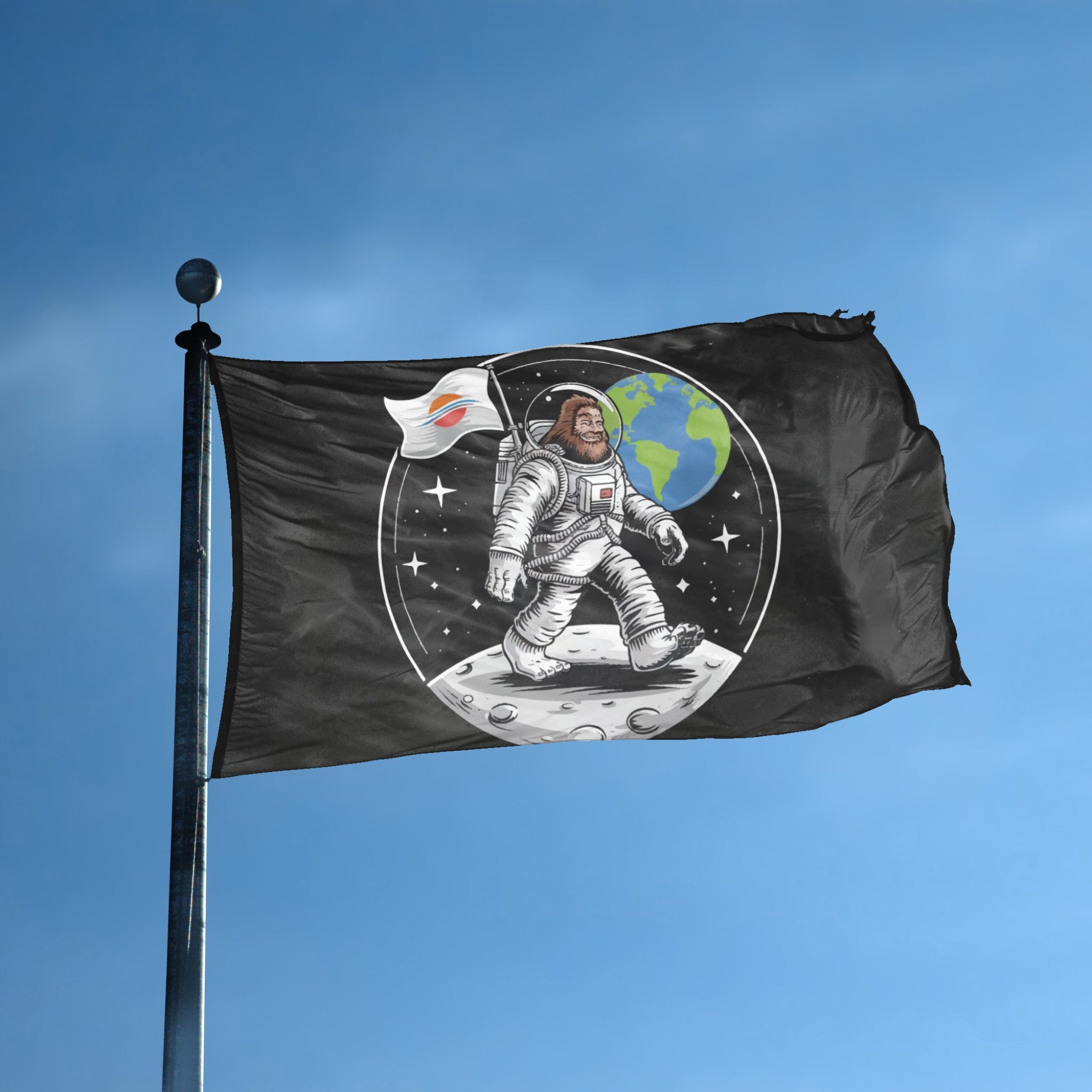 A flag with the theme "Bigfoot On The Moon" displayed on a tall flag pole and blue skies.