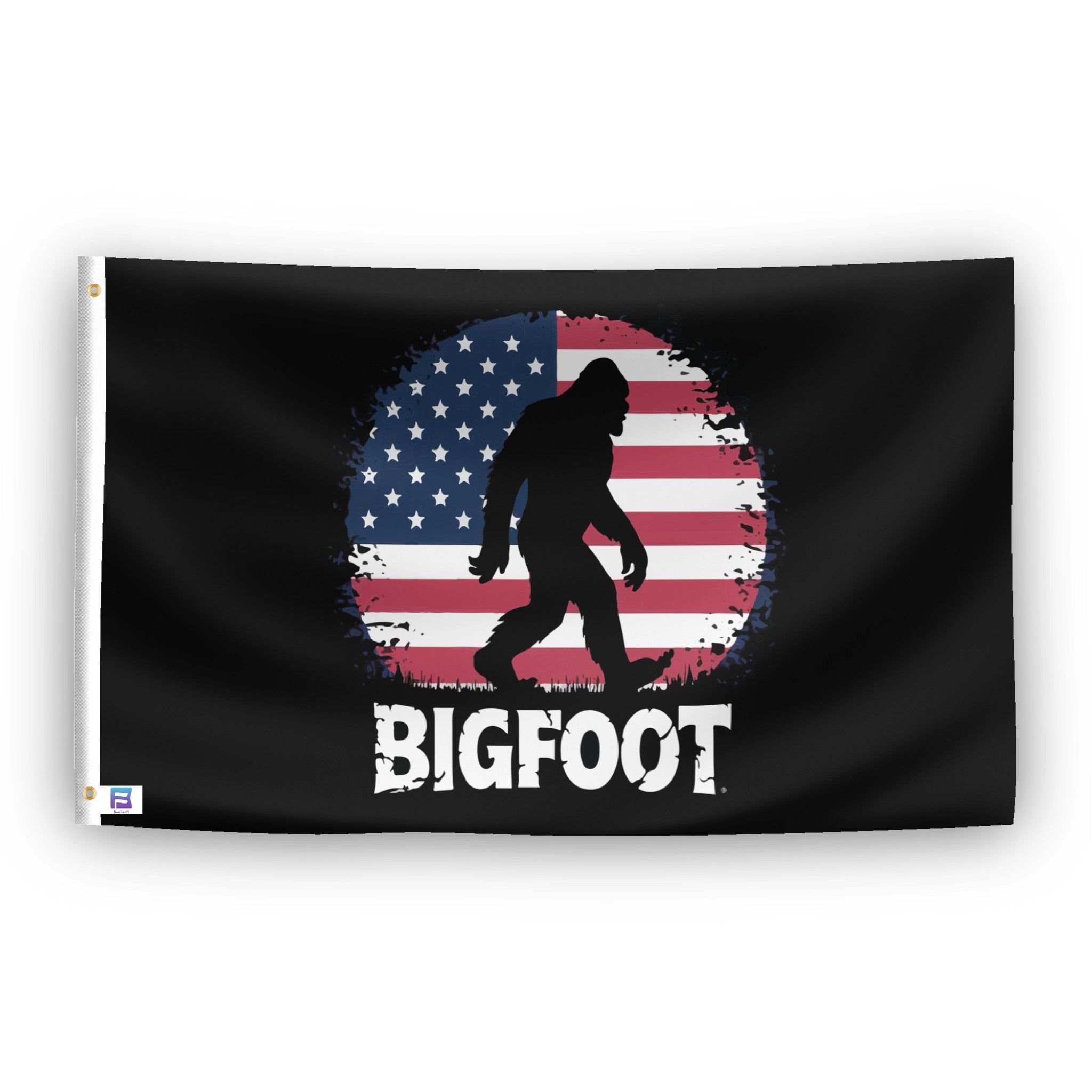 A flag with the theme "Bigfoot Patriotic", displayed with two brass grommets reinforced with a white canvas header.