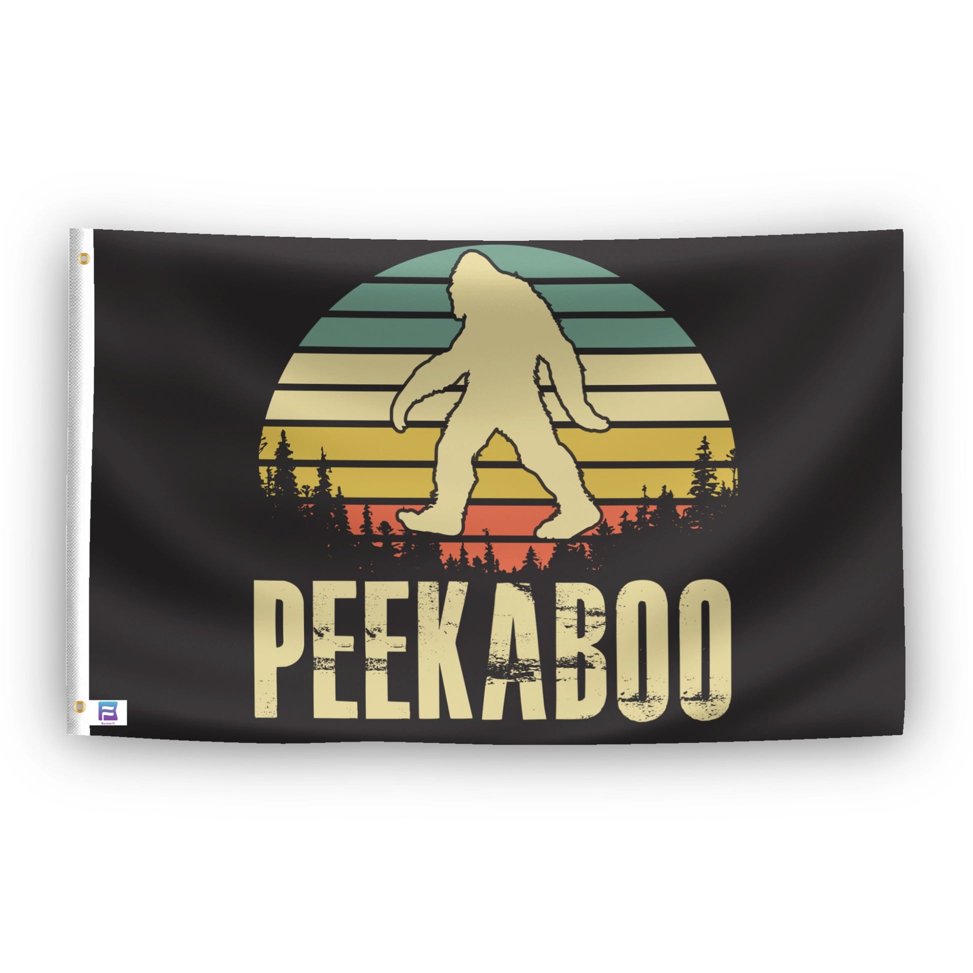 A flag with the theme "Bigfoot Peekaboo", displayed with two brass grommets reinforced with a white canvas header.