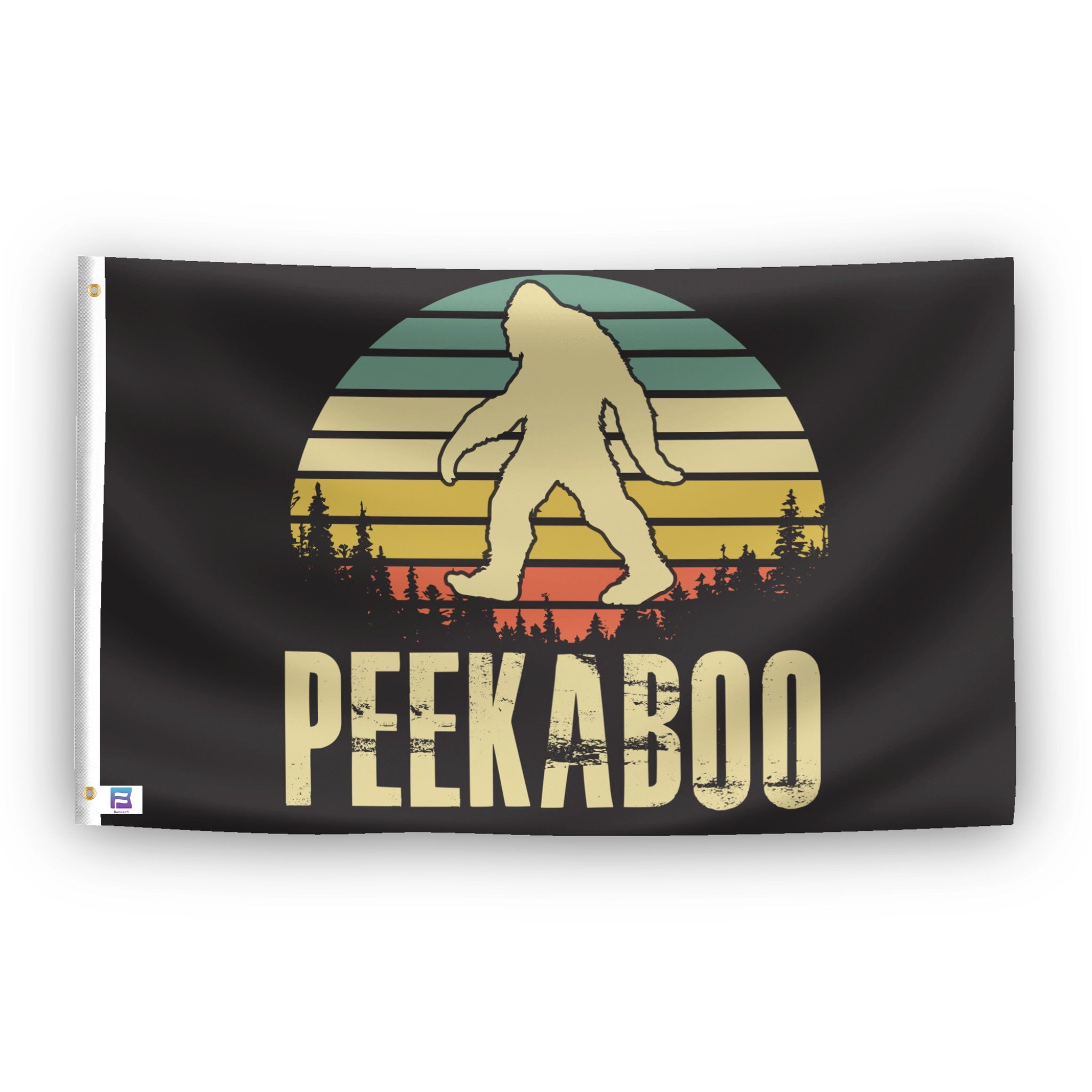 A flag with the theme "Bigfoot Peekaboo", displayed with two brass grommets reinforced with a white canvas header.